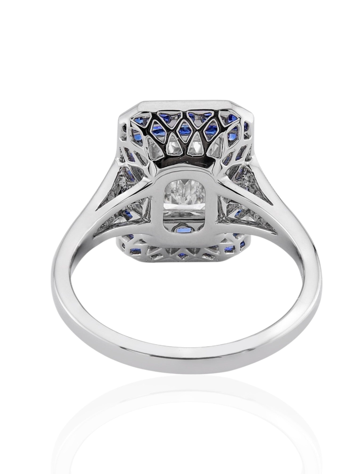 Sophia D Art Deco Emerald-Cut Diamond and Sapphire Mosaic Ring in Platinum
