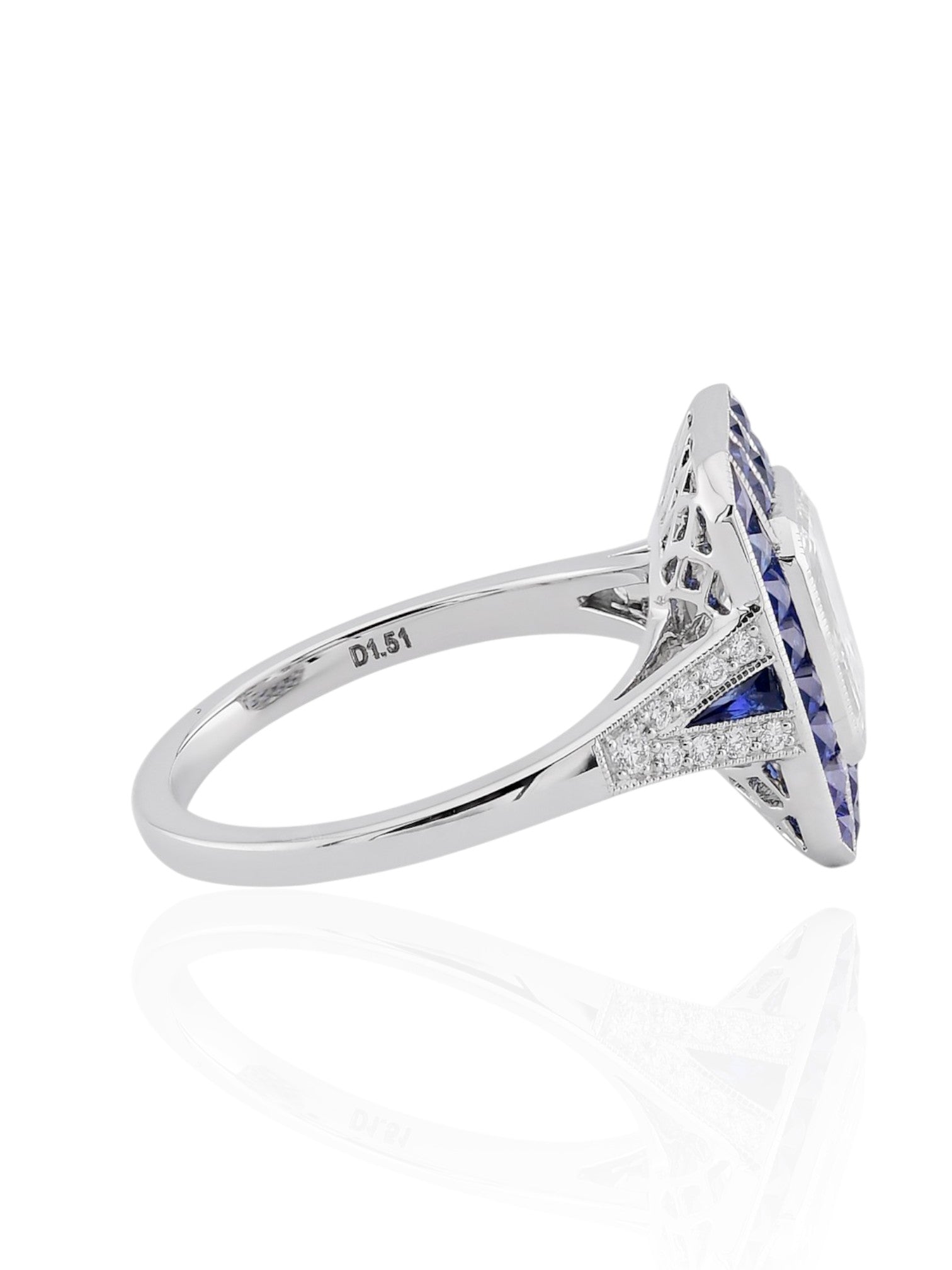 Sophia D Art Deco Emerald-Cut Diamond and Sapphire Mosaic Ring in Platinum