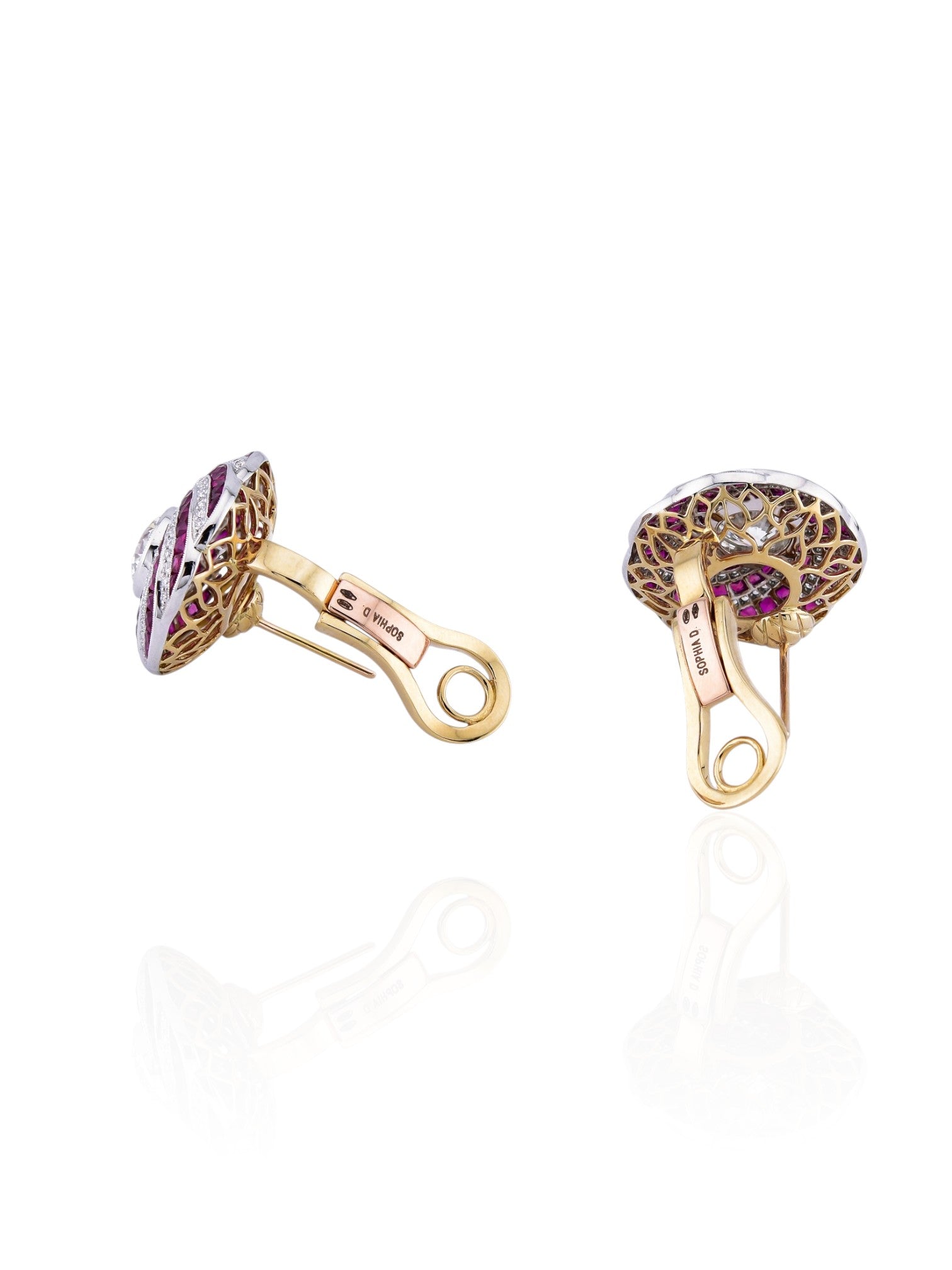 Sophia D Art Deco Ruby & Diamond Swirl Earrings in 18K Yellow Gold