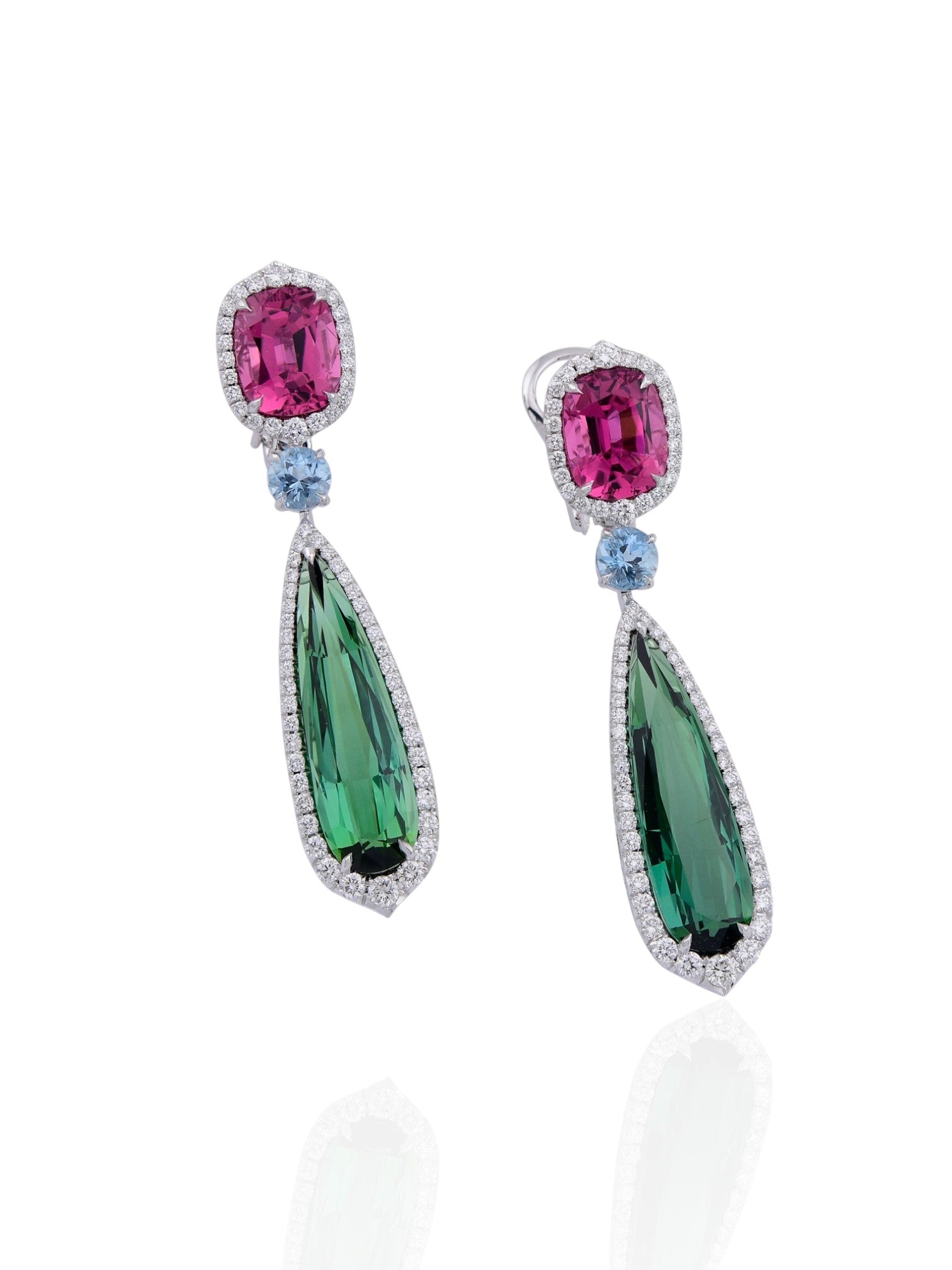 Sophia D Drop Earrings with Rubellite, Green Tourmaline, Aquamarine, and Diamonds in Platinum