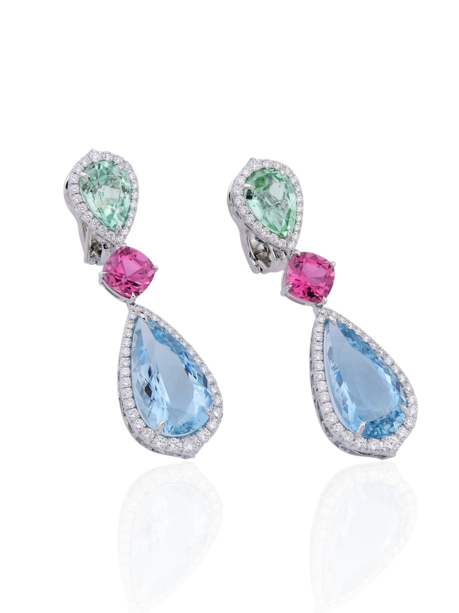 Sophia D Art Deco Aquamarine, Green Tourmaline, and Rubellite Drop Earrings in Platinum