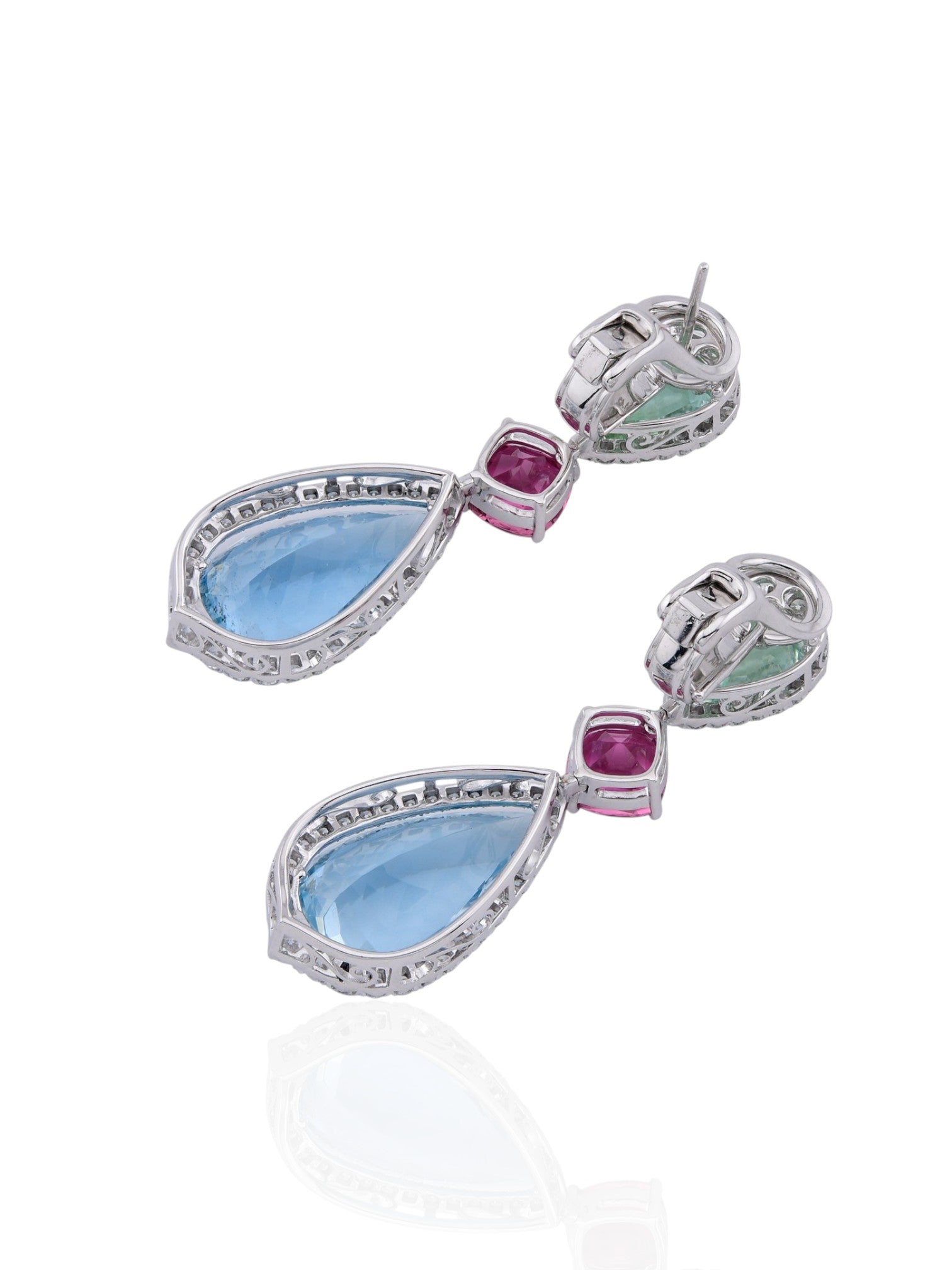 Sophia D Art Deco Aquamarine, Green Tourmaline, and Rubellite Drop Earrings in Platinum