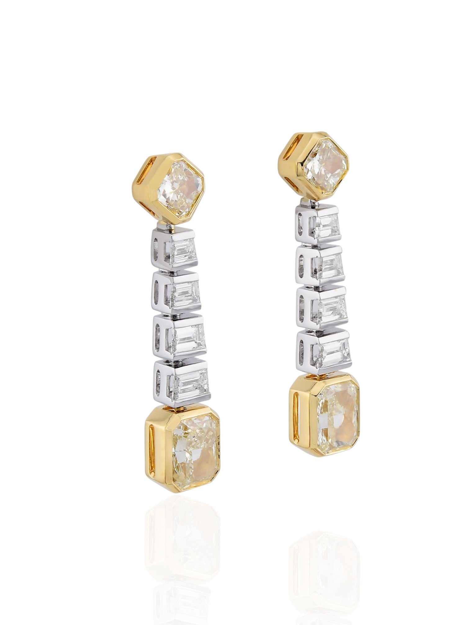 Sophia D Art Deco Yellow Diamond and Trapezoid Diamond Drop Earrings in Platinum & 18K Yellow Gold