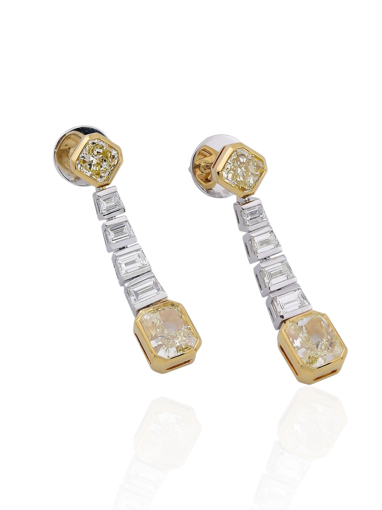 Sophia D Art Deco Yellow Diamond and Trapezoid Diamond Drop Earrings in Platinum & 18K Yellow Gold