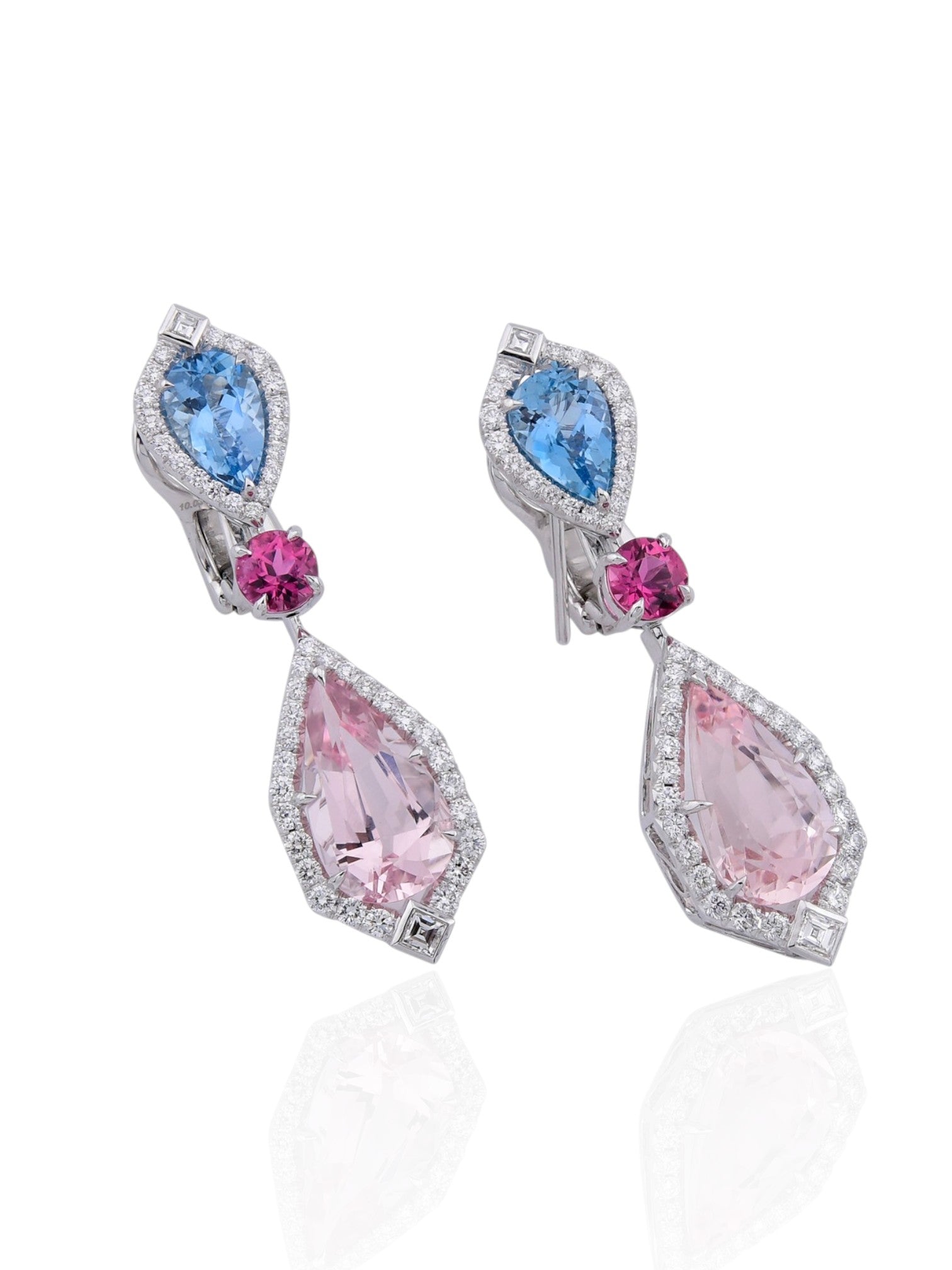 Sophia D Art Deco Morganite, Aquamarine & Ruby Earrings in Platinum