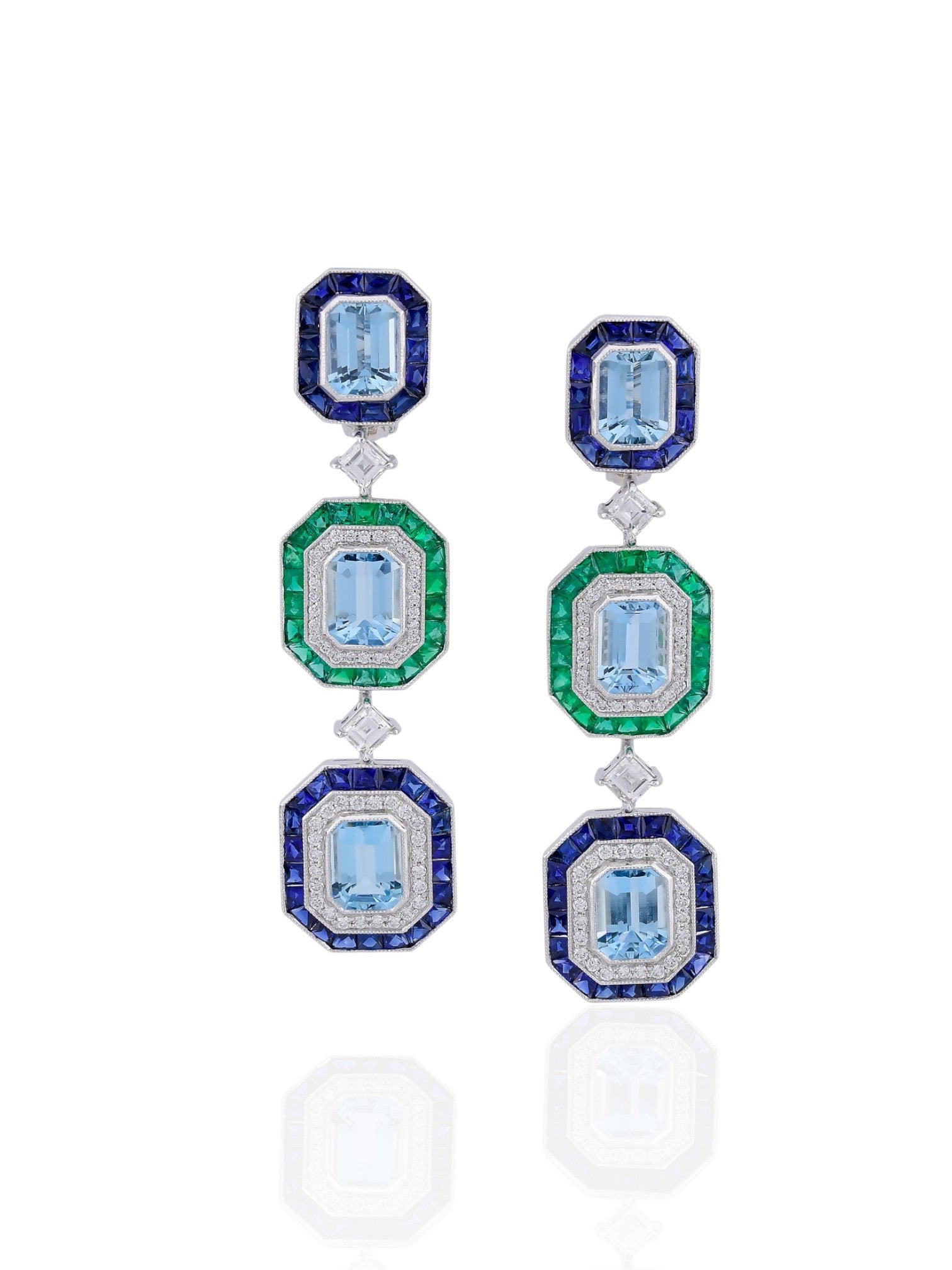 Sophia D Art Deco Aquamarine, Emerald & Sapphire Drop Earrings in Platinum