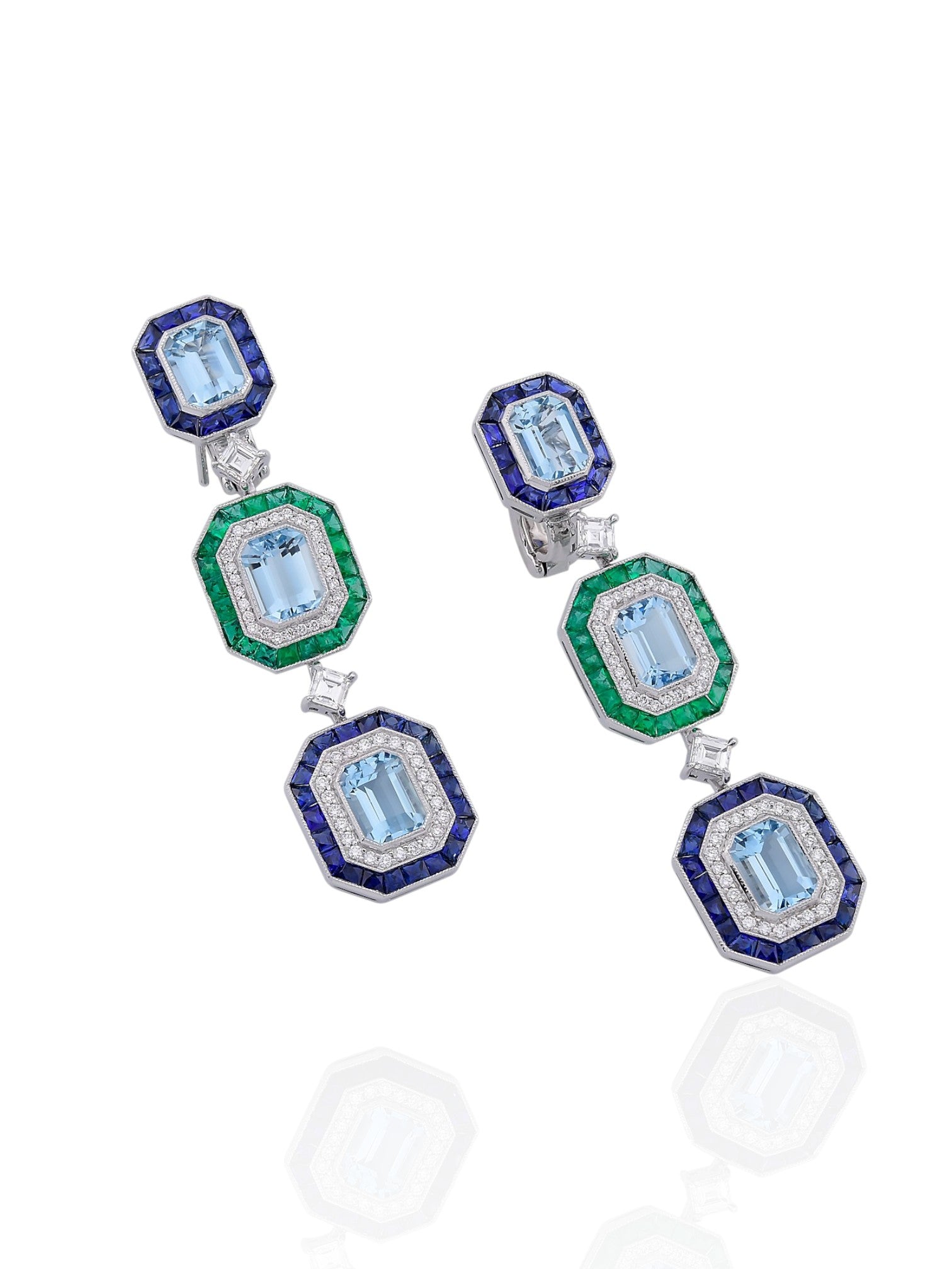 Sophia D Art Deco Aquamarine, Emerald & Sapphire Drop Earrings in Platinum
