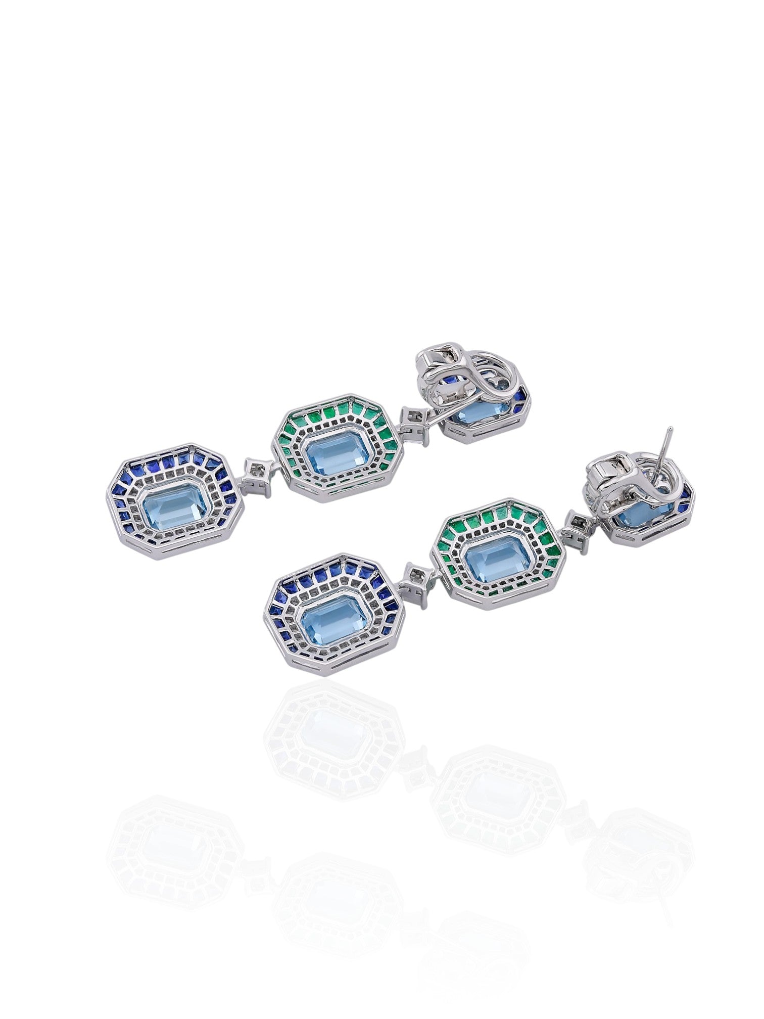 Sophia D Art Deco Aquamarine, Emerald & Sapphire Drop Earrings in Platinum