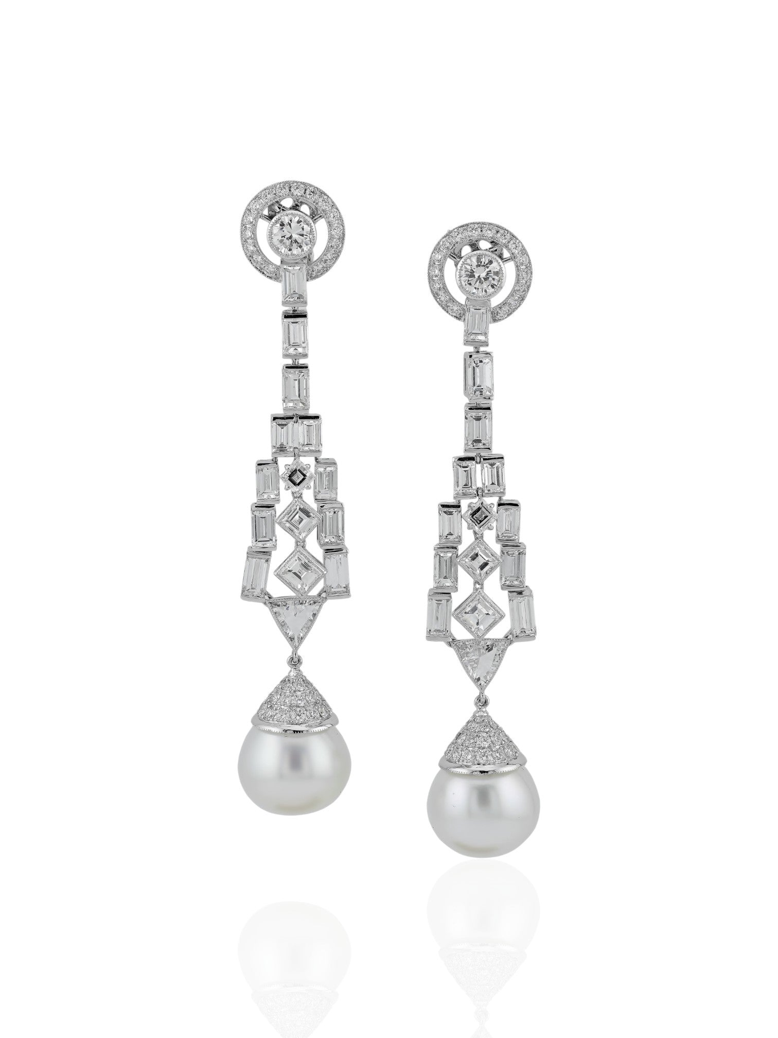 Sophia D Pearl and Diamond Art Deco Drop Earrings in Platinum