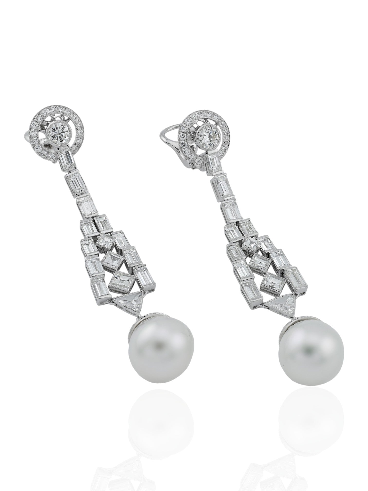 Sophia D Pearl and Diamond Art Deco Drop Earrings in Platinum