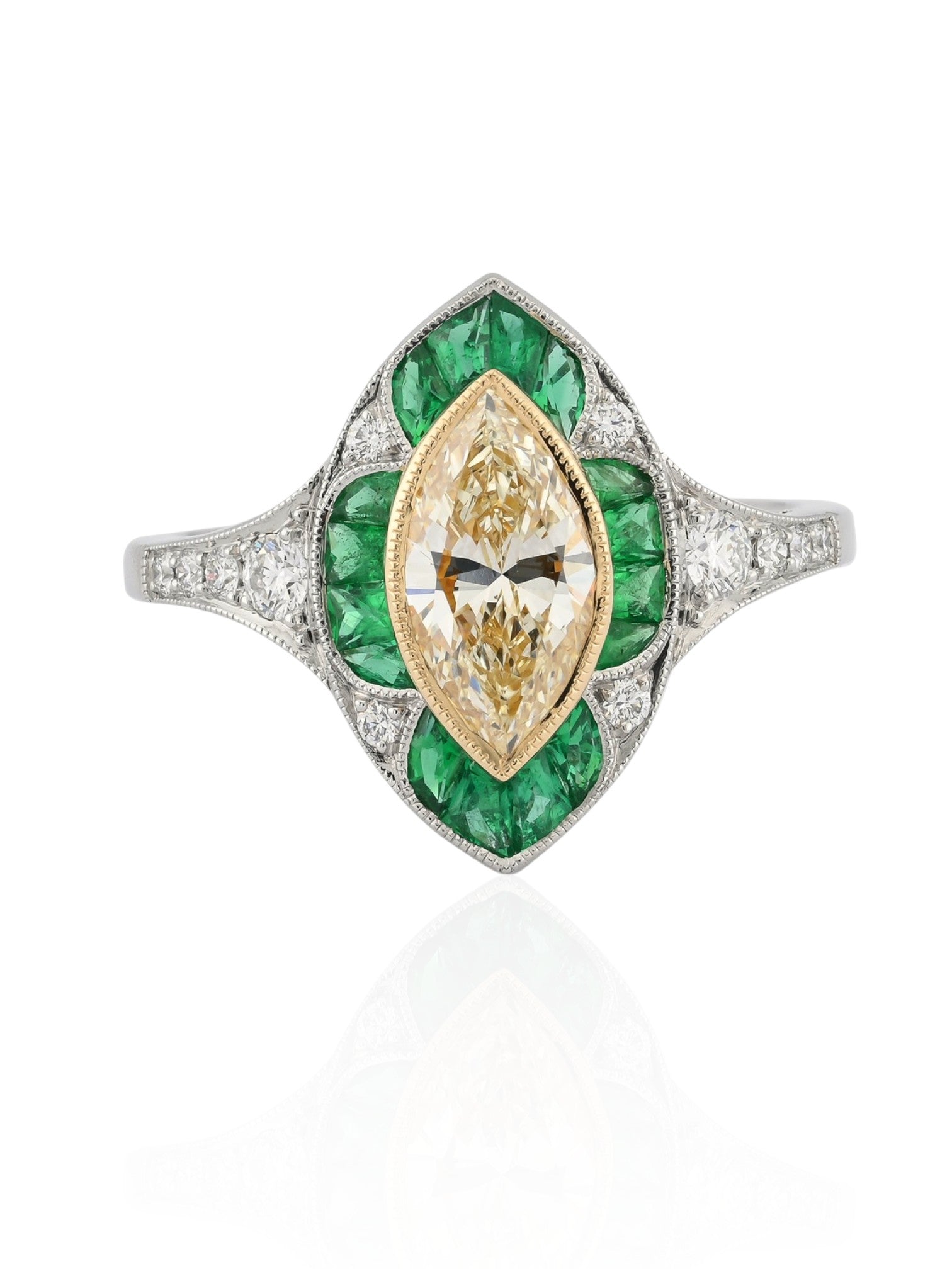 Sophia D Art Deco Marquise Yellow Diamond and Emerald Ring in Platinum