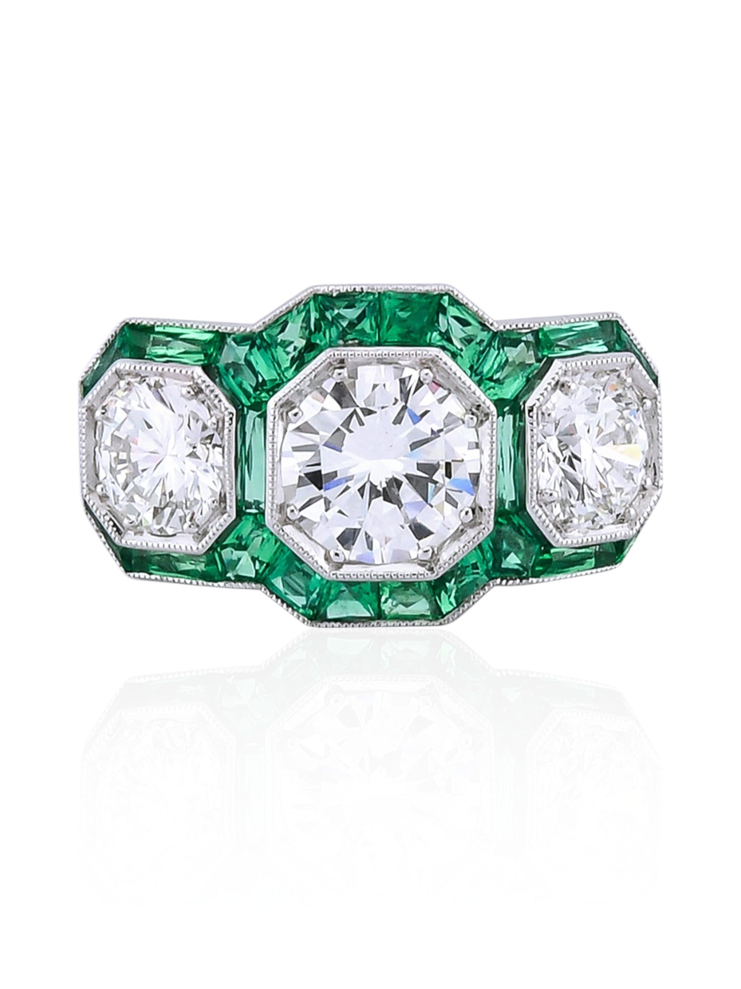 Sophia D Three-Stone Emerald and Diamond Ring in Platinum