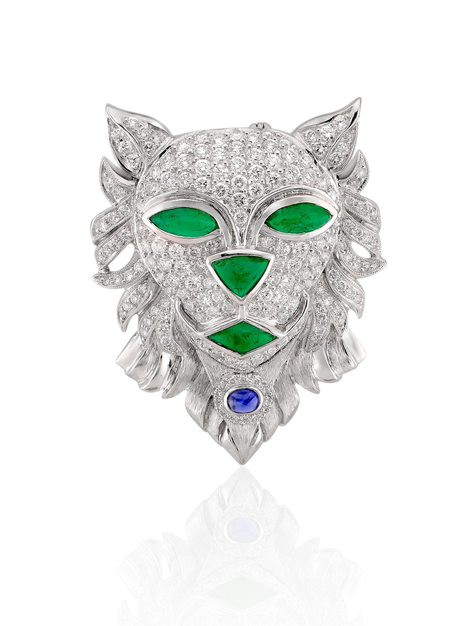 Sophia D Emerald, Sapphire & Diamond Lion Brooch in Platinum