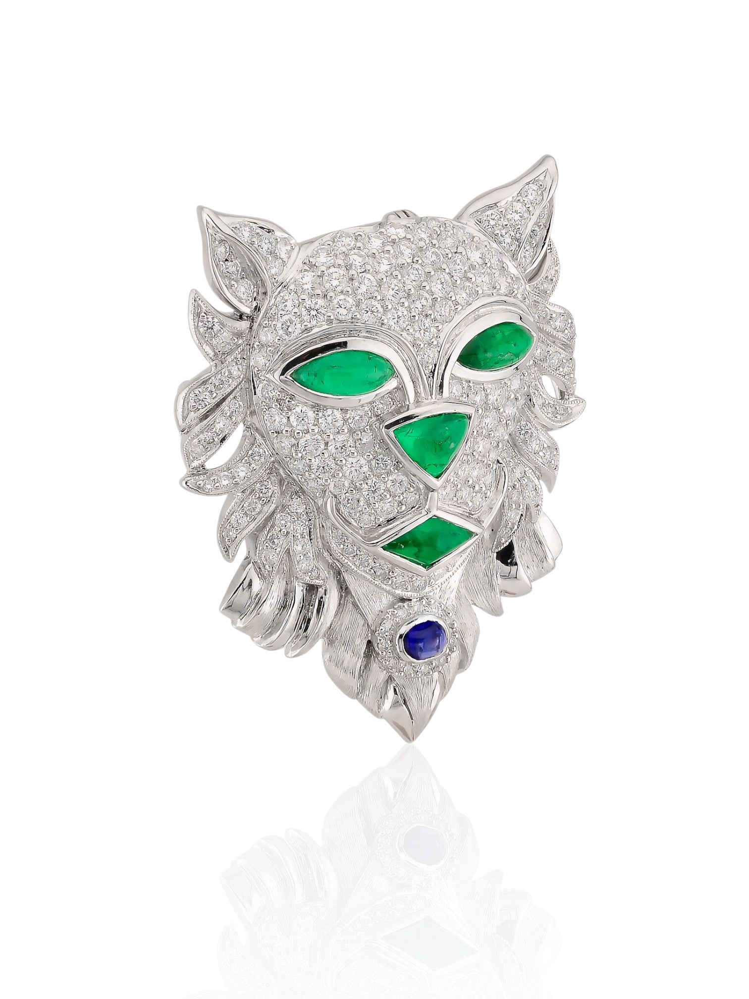 Sophia D Emerald, Sapphire & Diamond Lion Brooch in Platinum