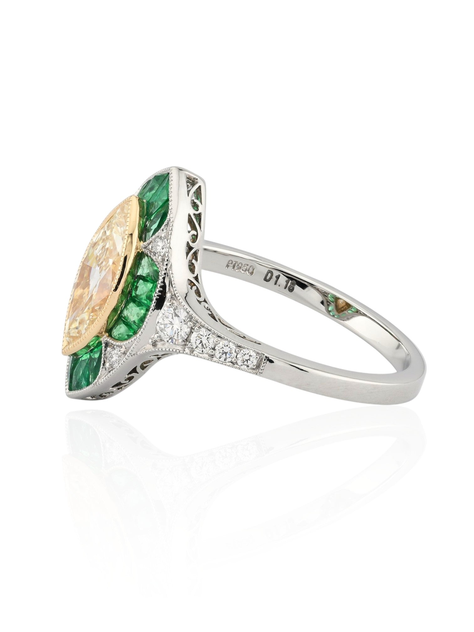 Sophia D Art Deco Marquise Yellow Diamond and Emerald Ring in Platinum