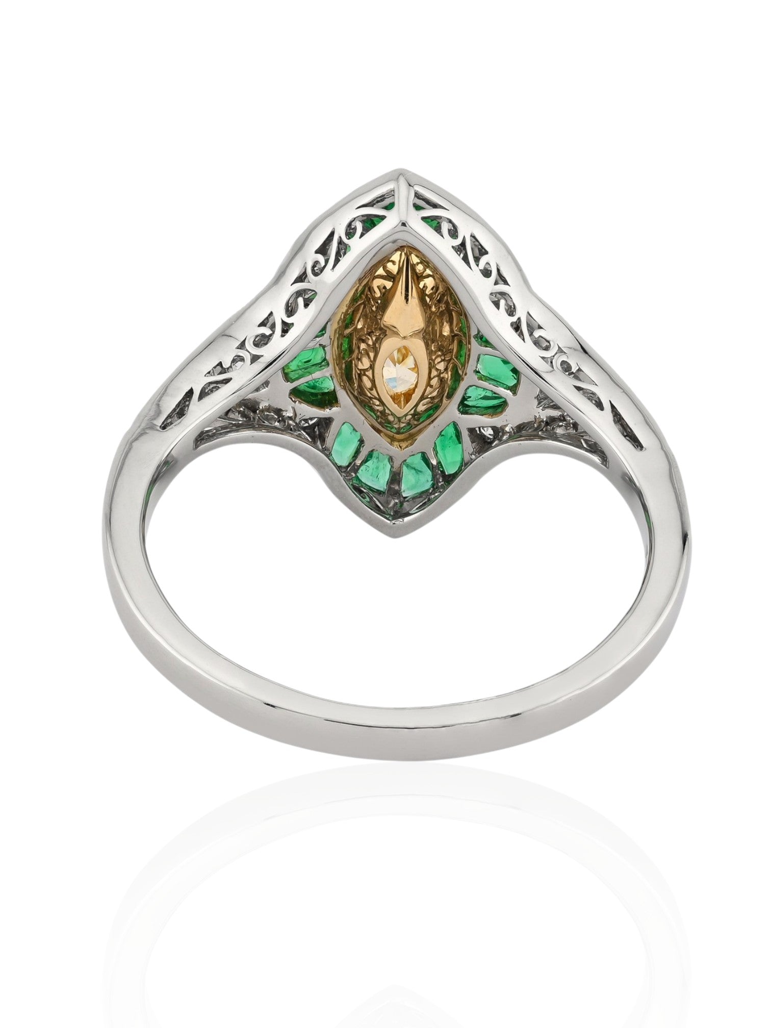 Sophia D Art Deco Marquise Yellow Diamond and Emerald Ring in Platinum