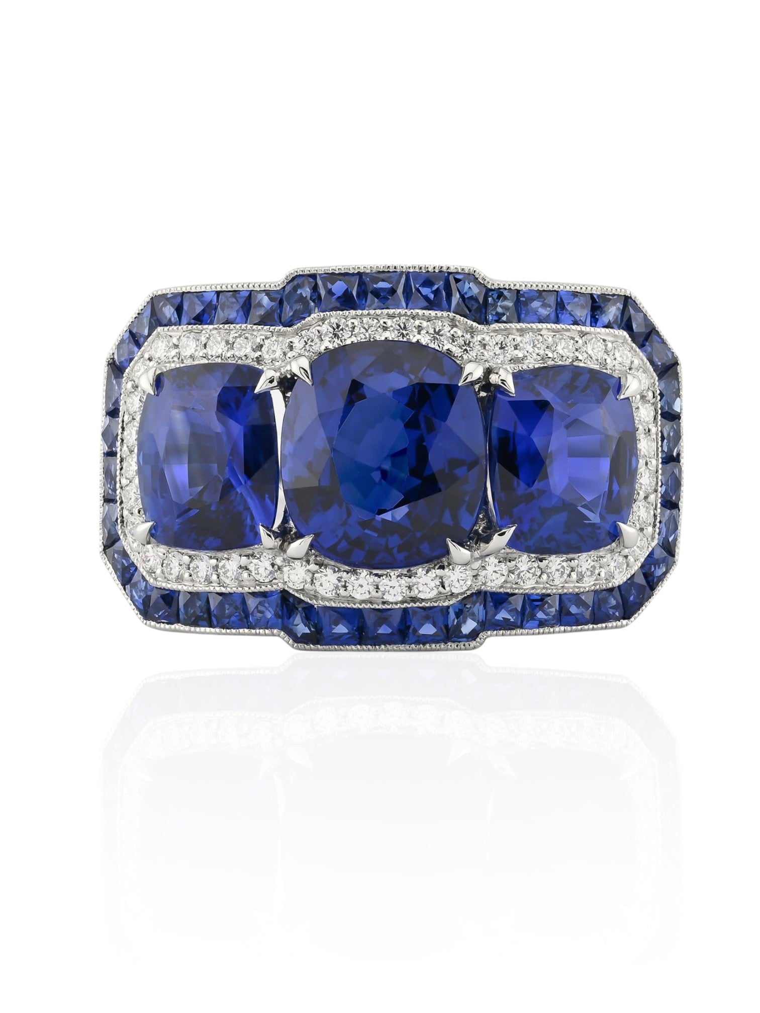 Sophia D Art Deco Three-Stone Sapphire Ring in Platinum