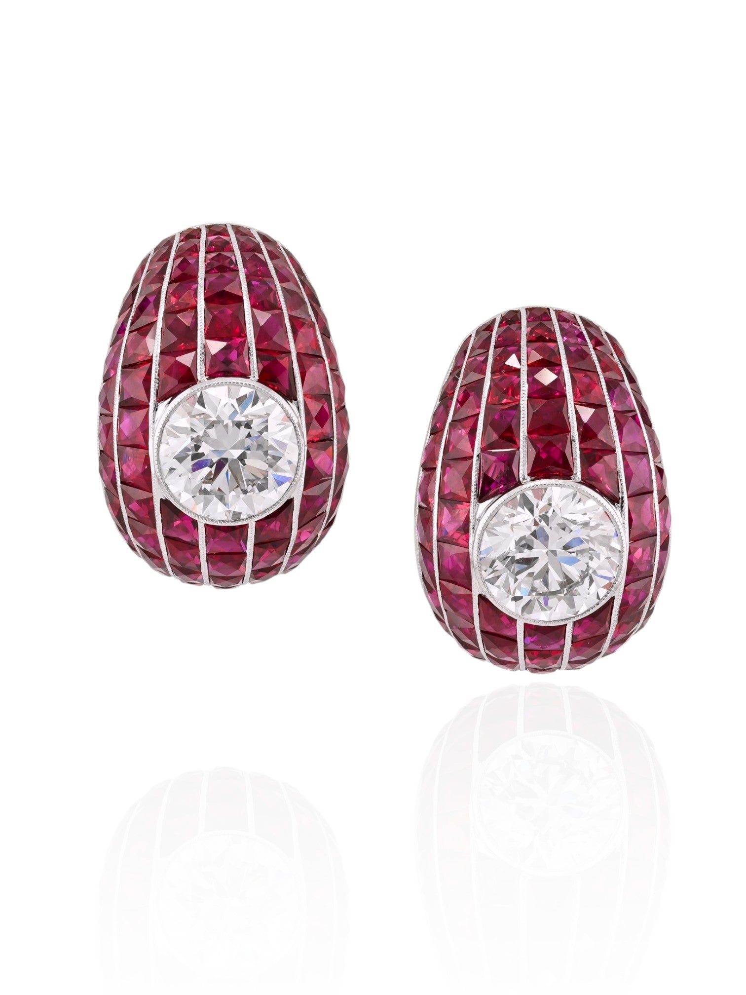 Sophia D Ruby Bombe Earrings with Round Diamond Centers in Platinum and 18K Yellow Gold
