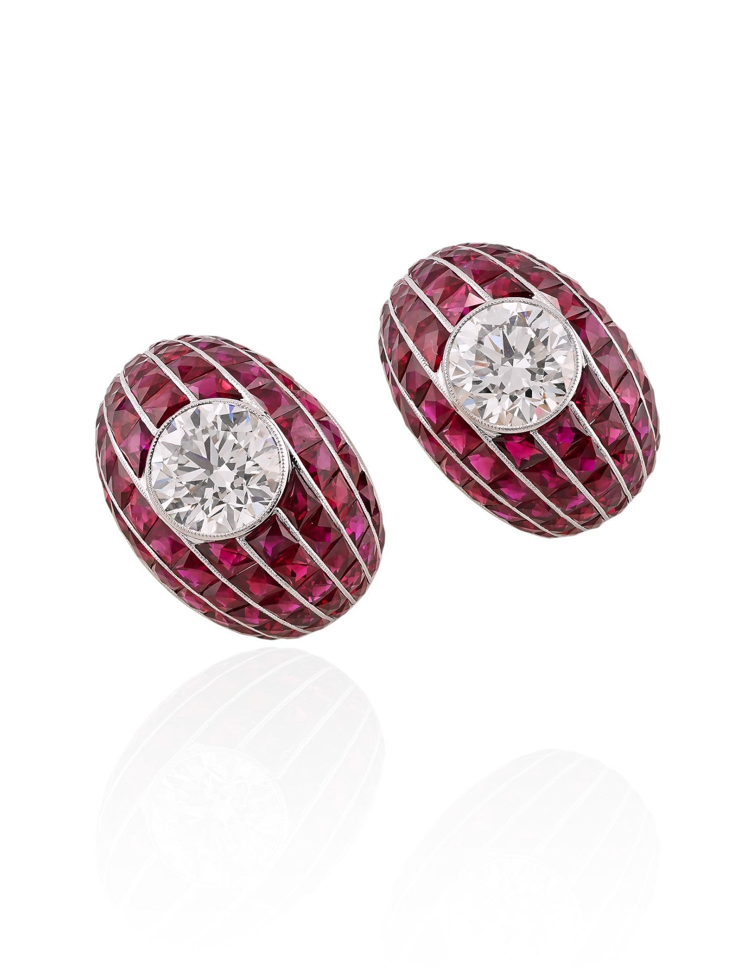 Sophia D Ruby Bombe Earrings with Round Diamond Centers in Platinum and 18K Yellow Gold