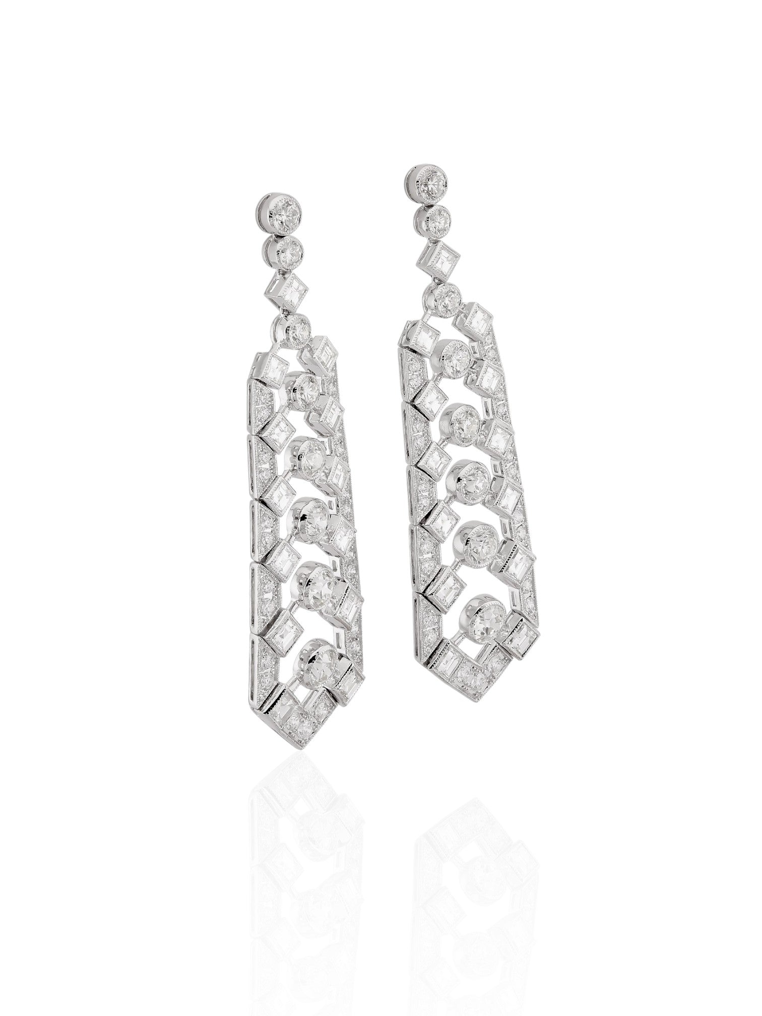 Sophia D Art Deco Carré-Cut and Round Diamond Drop Earrings in Platinum