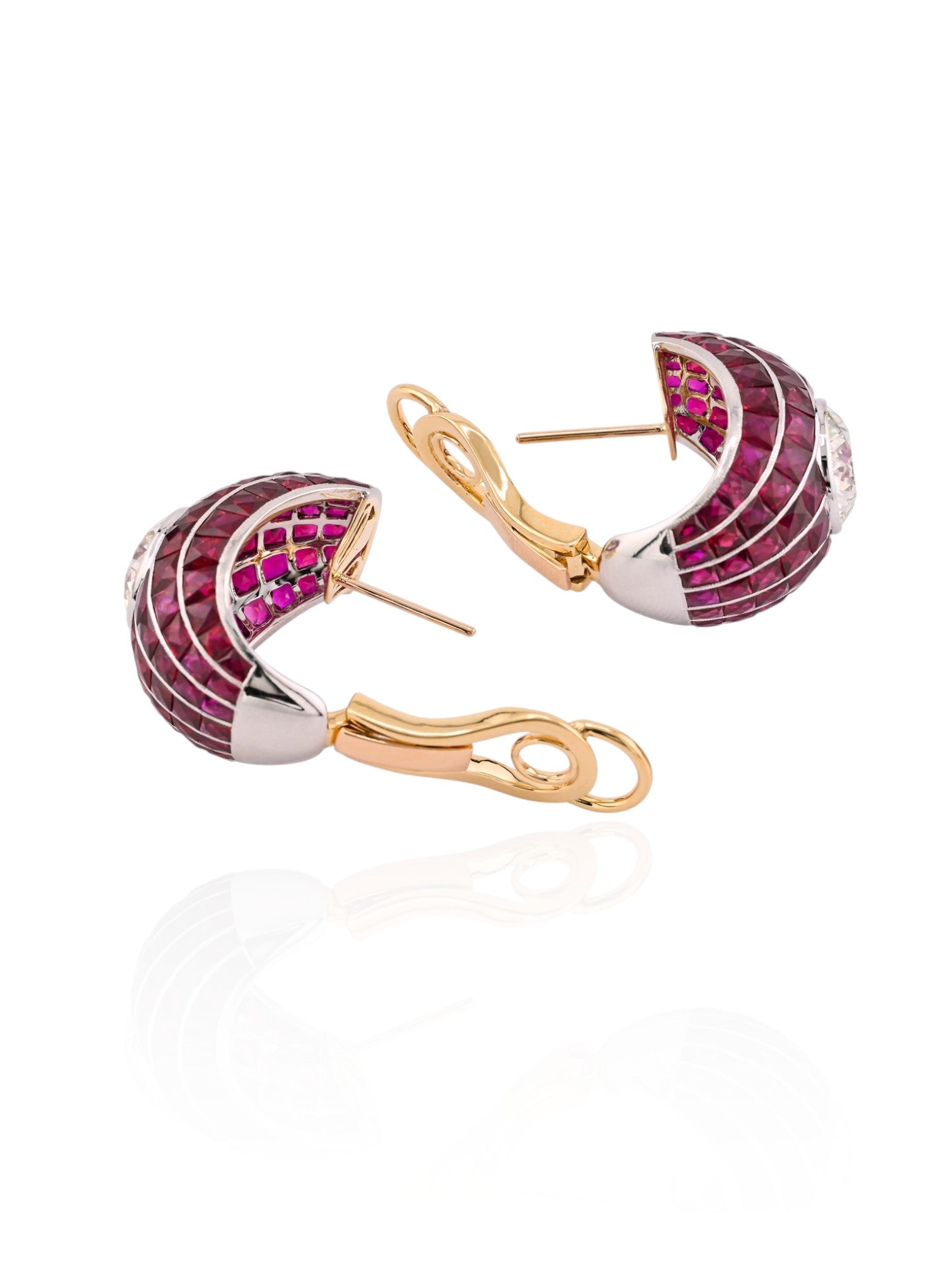 Sophia D Ruby Bombe Earrings with Round Diamond Centers in Platinum and 18K Yellow Gold