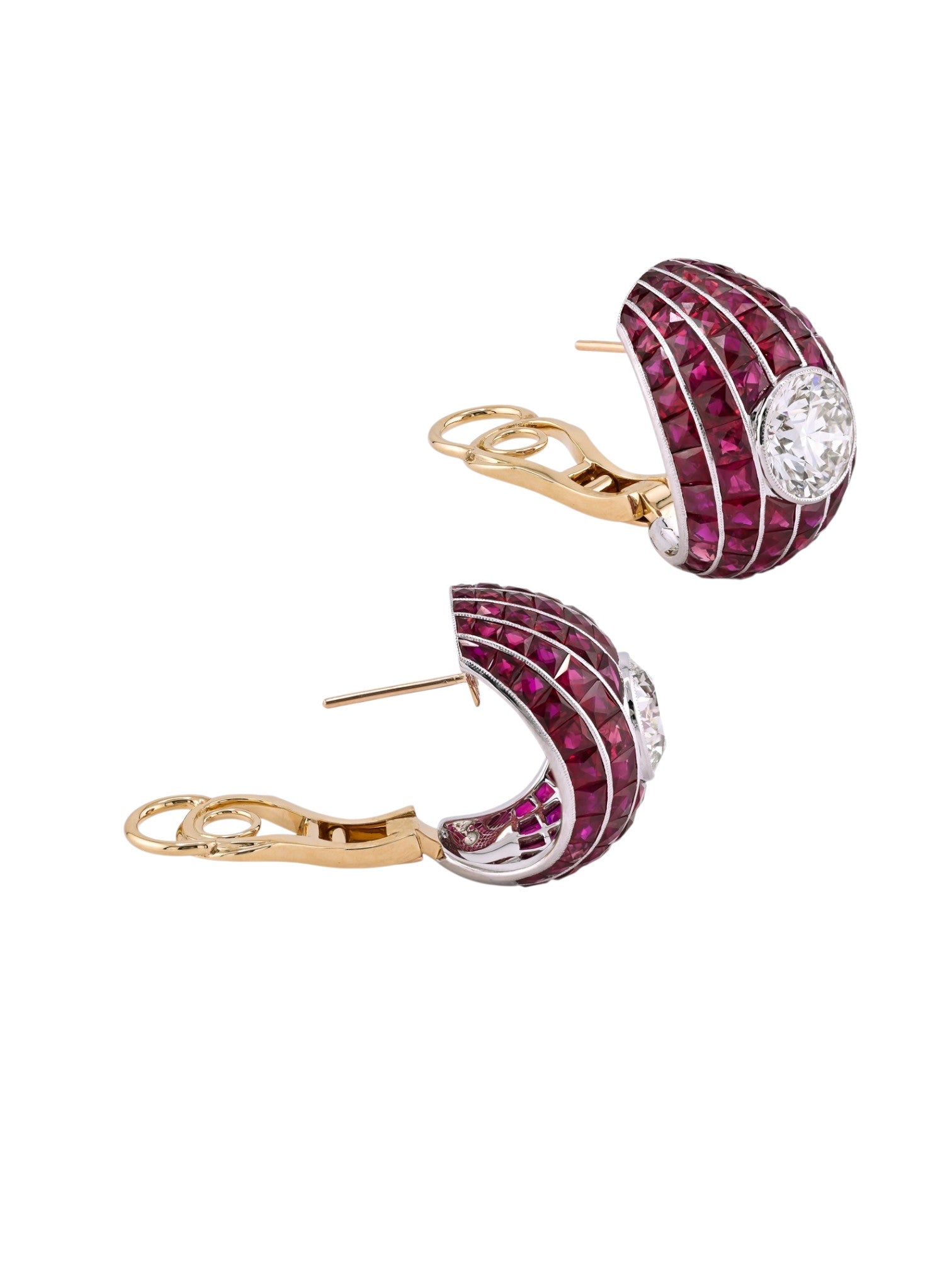 Sophia D Ruby Bombe Earrings with Round Diamond Centers in Platinum and 18K Yellow Gold