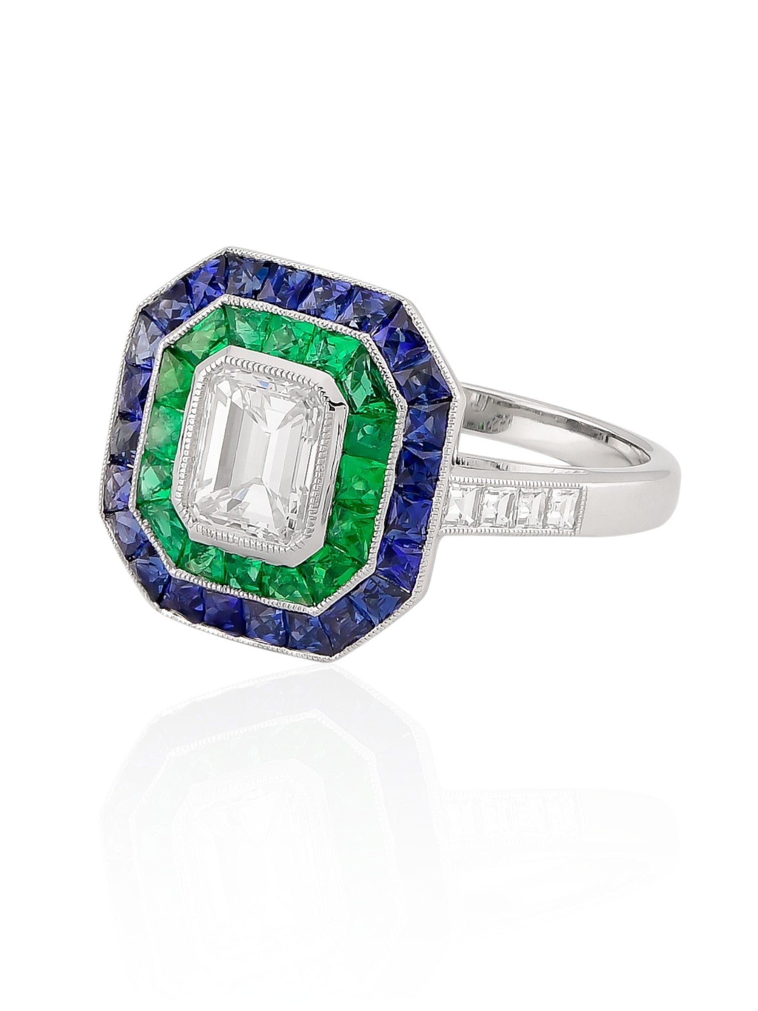 Sophia D Art Deco Mosaic Emerald Cut Diamond, Sapphire, and Emerald Ring in Platinum
