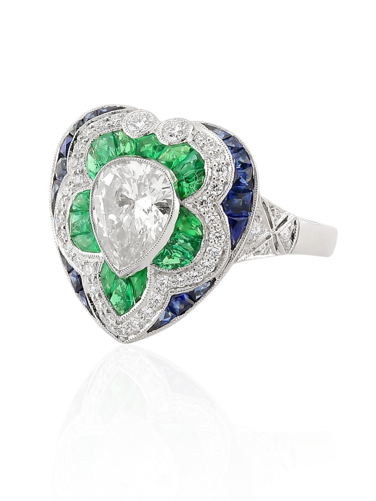 Sophia D Art Deco 1.13 Carat Pear Shape Diamond, Emerald, and Sapphire Ring in Platinum