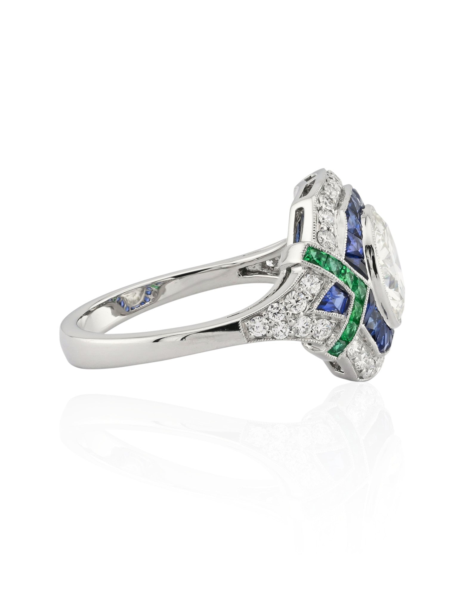 Sophia D Art Deco Emerald, Sapphire and Diamond Halo Ring in Platinum
