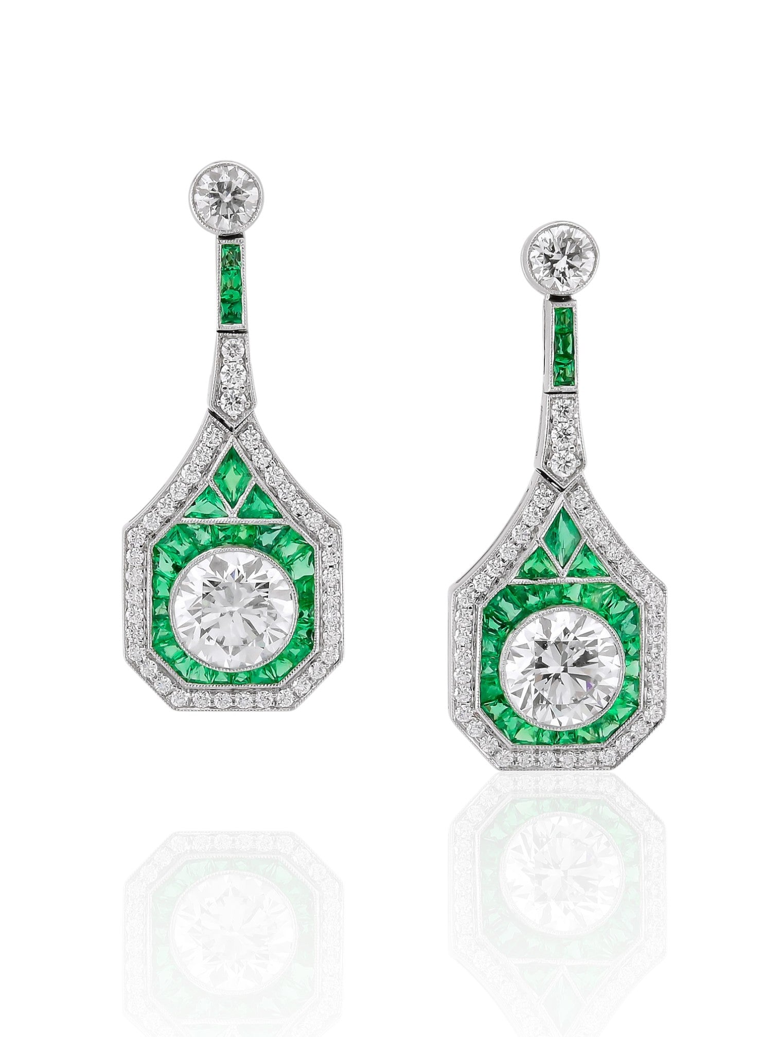 Sophia D Art Deco Diamond & Emerald Drop Platinum Earrings