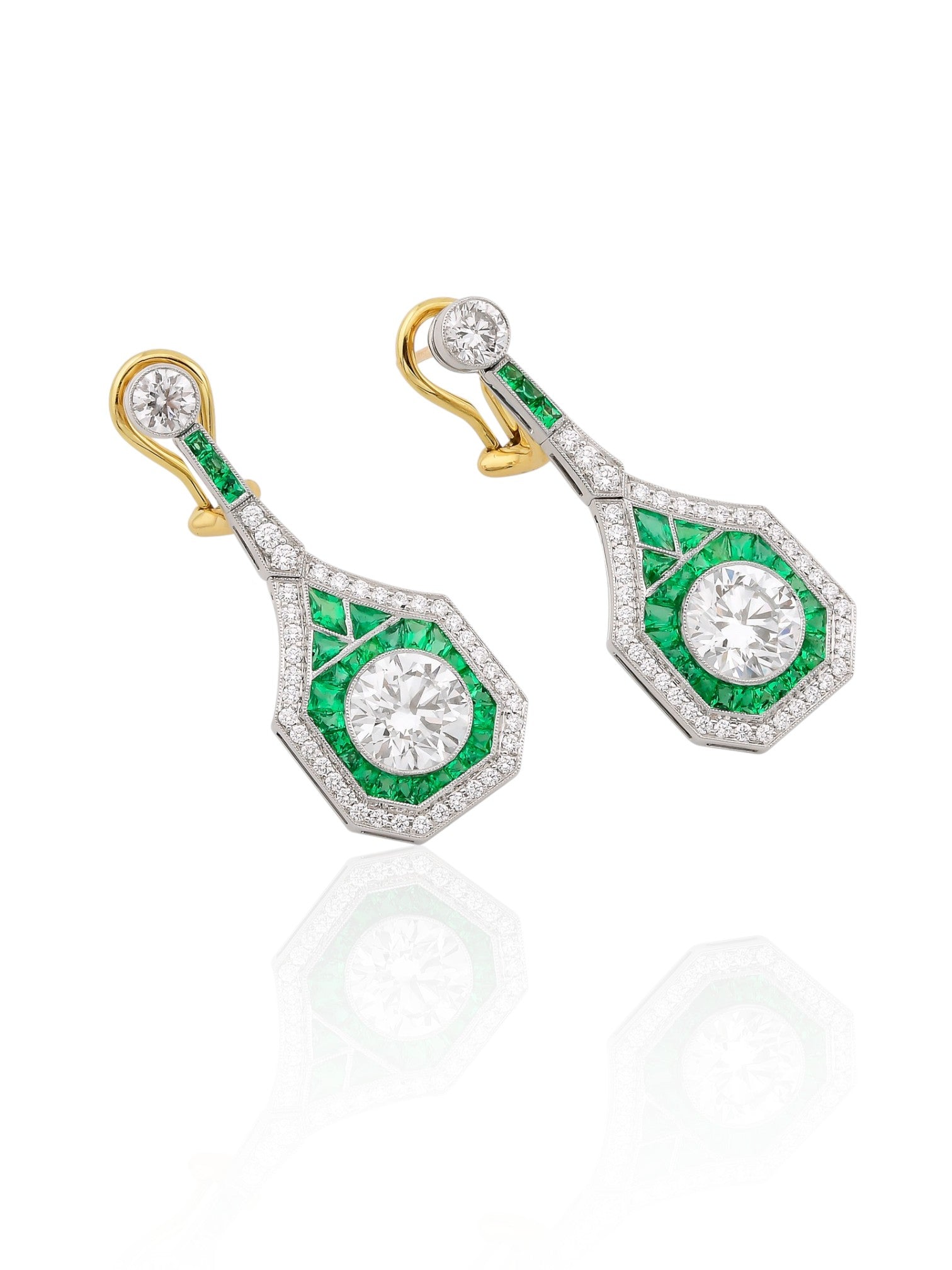 Sophia D Art Deco Diamond & Emerald Drop Platinum Earrings