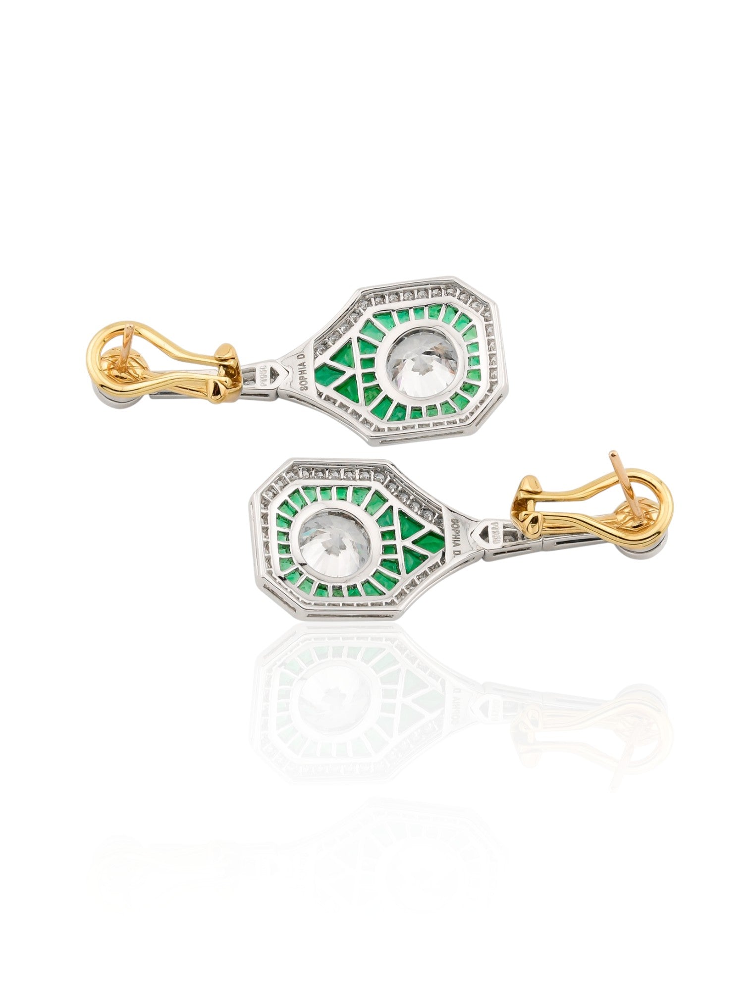 Sophia D Art Deco Diamond & Emerald Drop Platinum Earrings