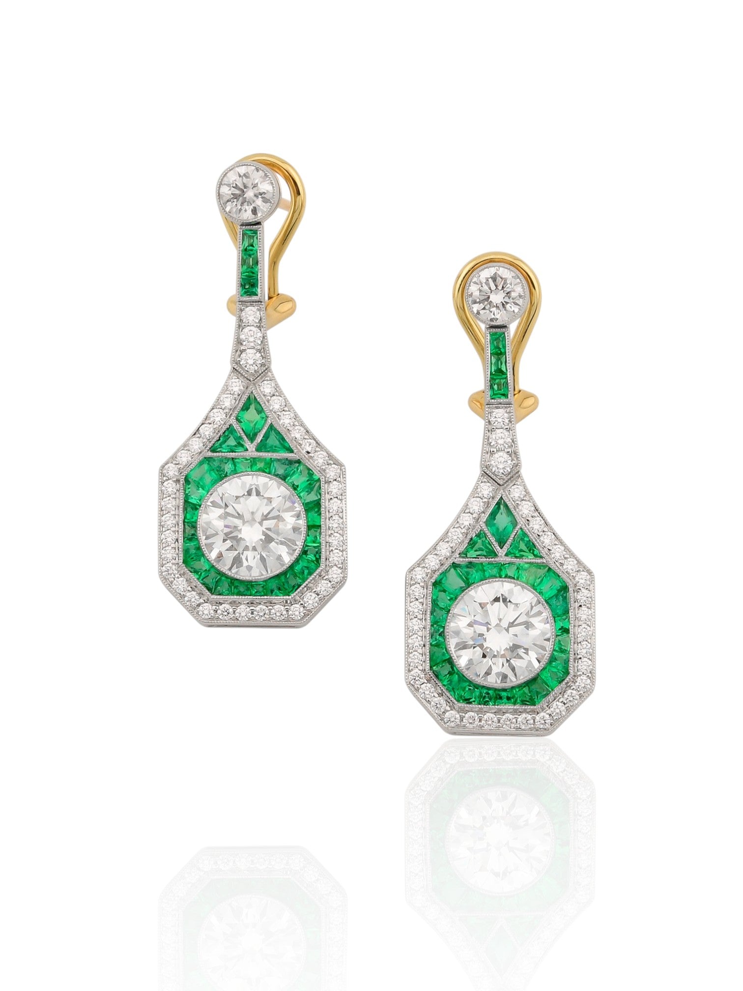 Sophia D Art Deco Diamond & Emerald Drop Platinum Earrings