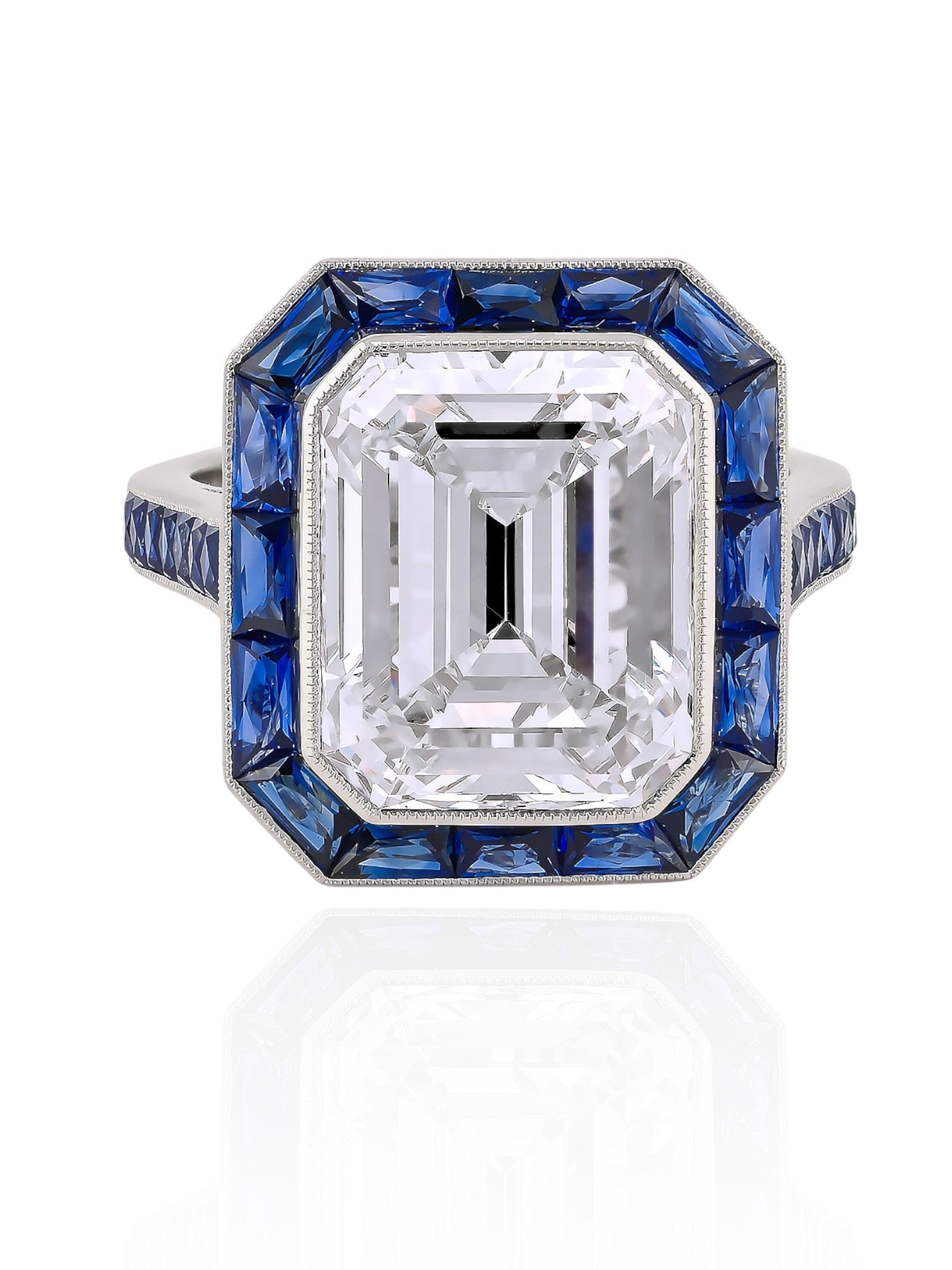 Sophia D Art Deco Style 8.23 Carat Emerald Cut Diamond and Sapphire Ring in Platinum
