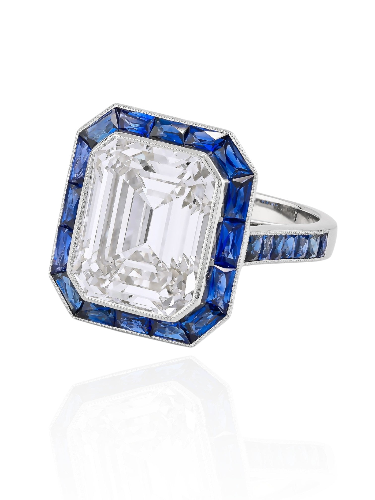 Sophia D Art Deco Style 8.23 Carat Emerald Cut Diamond and Sapphire Ring in Platinum