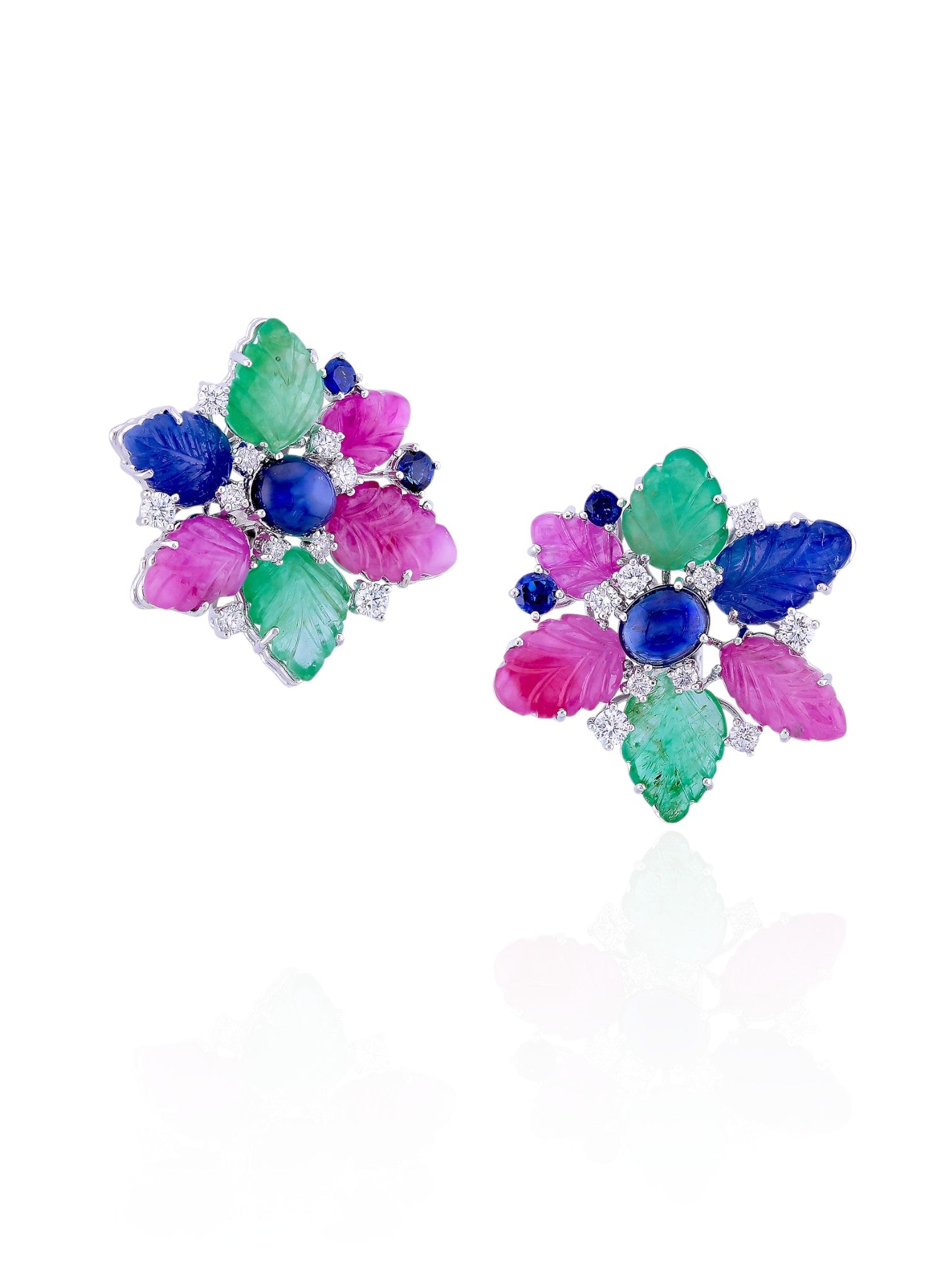 Sophia D Carved Multi-Gem Floral Earrings in 18K White Gold