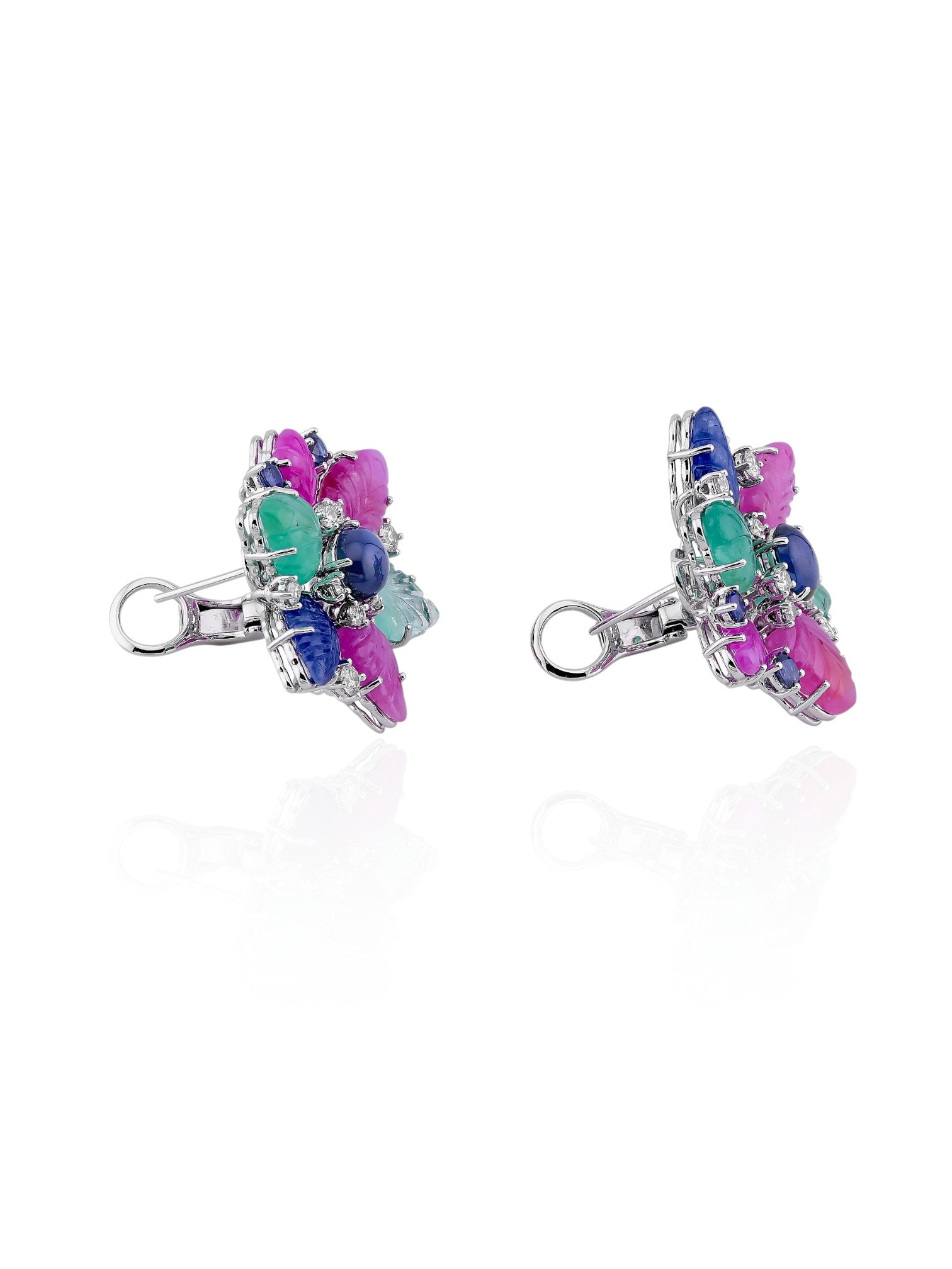 Sophia D Carved Multi-Gem Floral Earrings in 18K White Gold