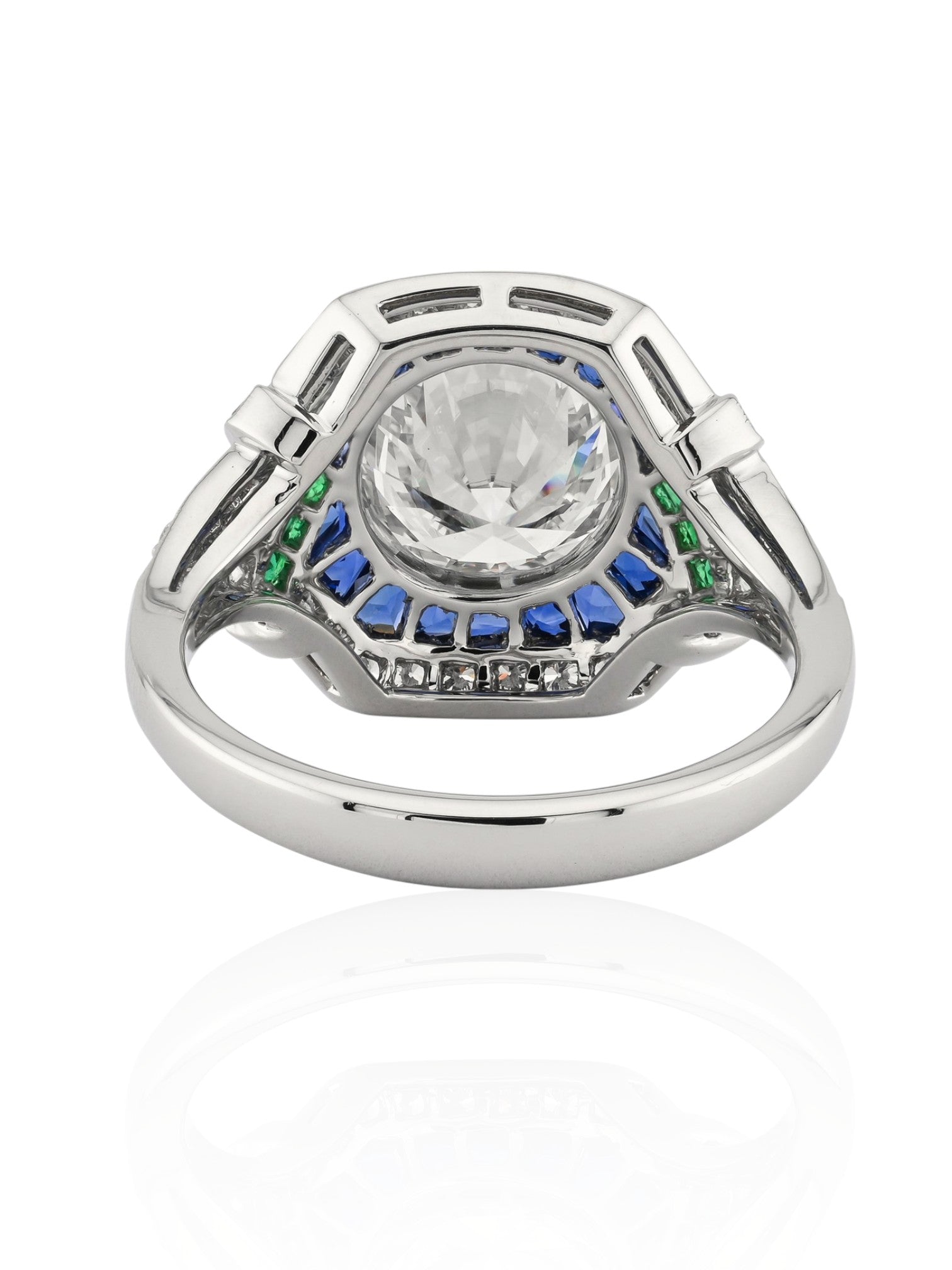 Sophia D Art Deco Emerald, Sapphire and Diamond Halo Ring in Platinum