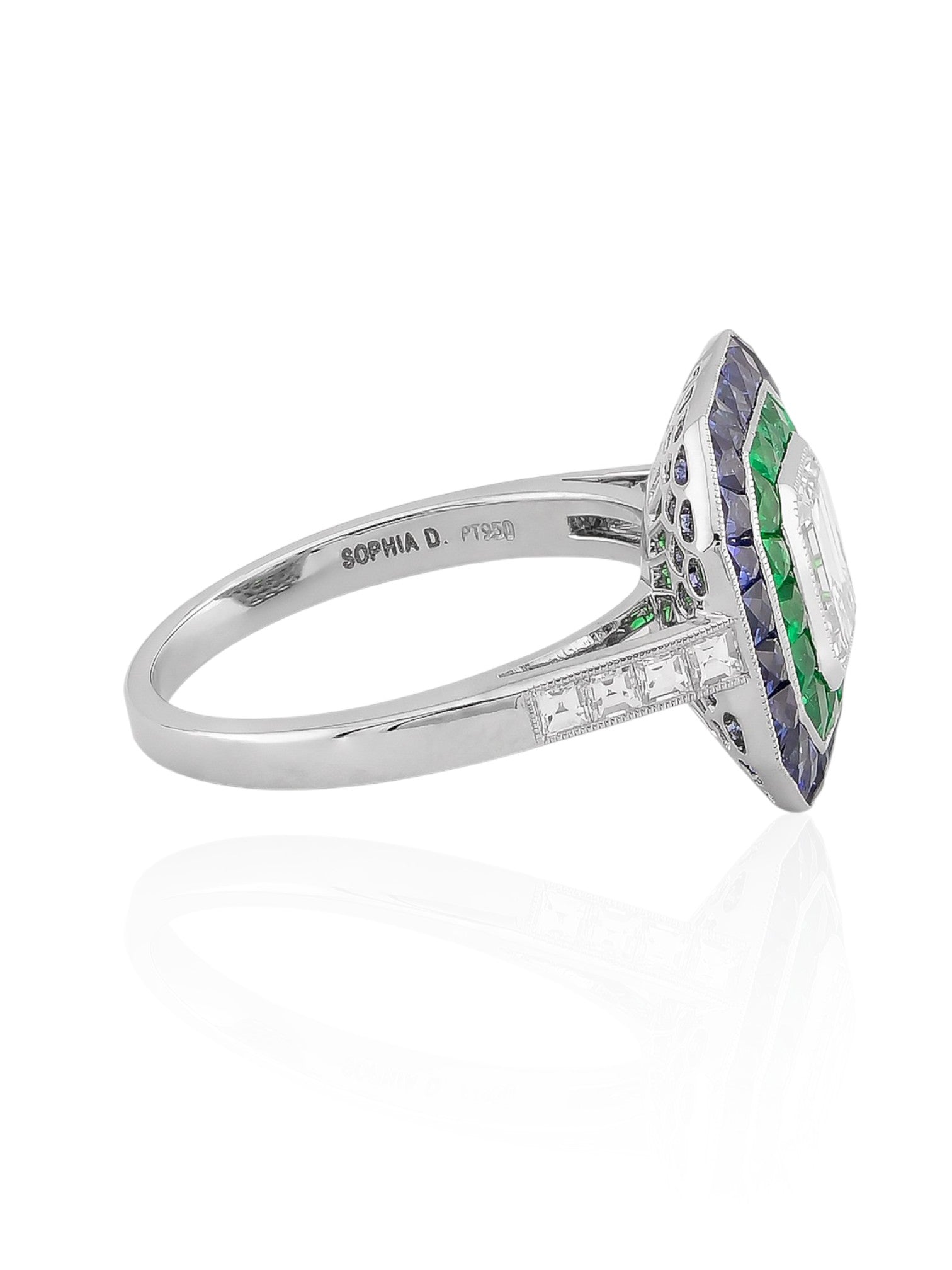 Sophia D Art Deco Mosaic Emerald Cut Diamond, Sapphire, and Emerald Ring in Platinum
