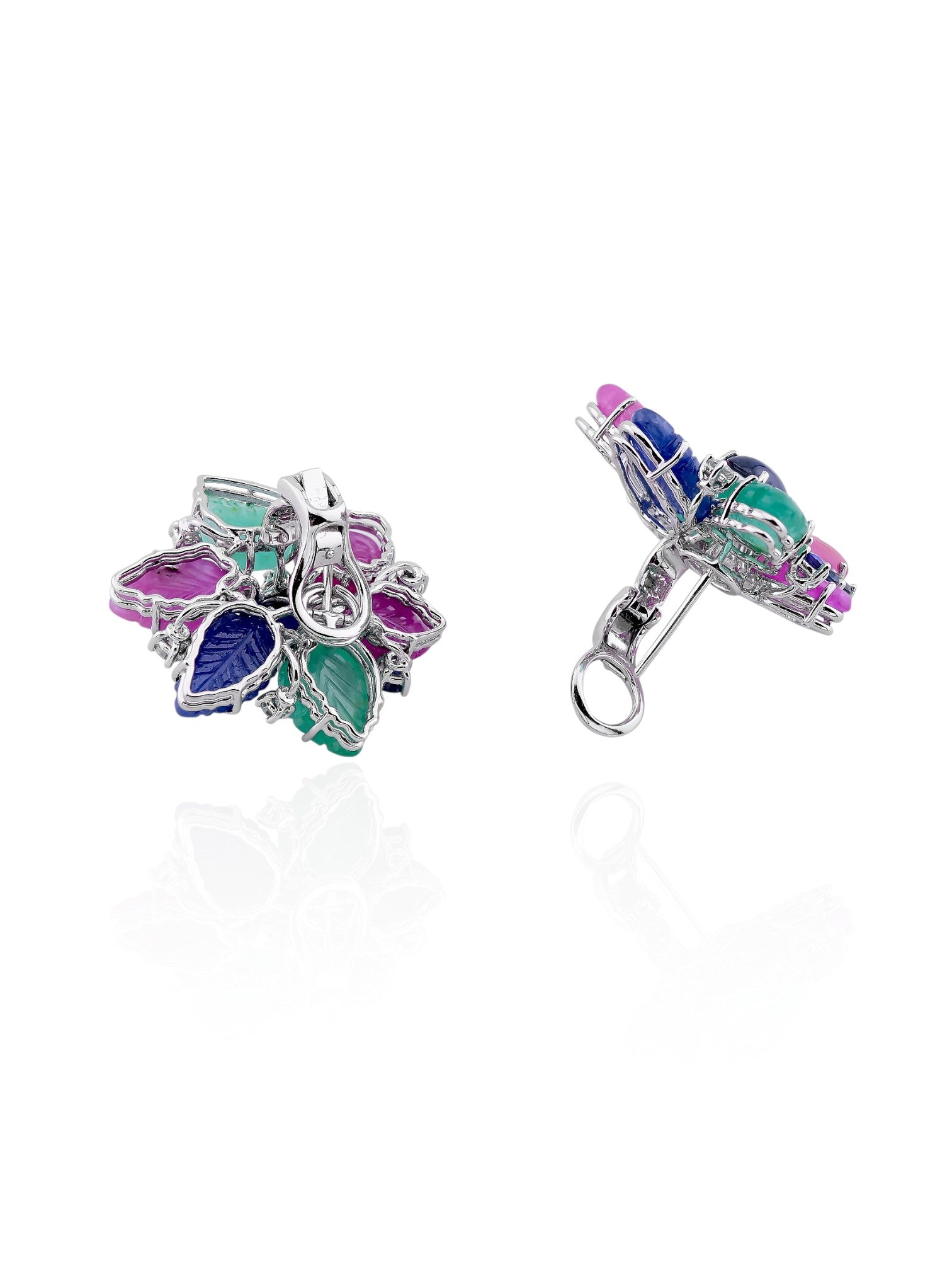 Sophia D Carved Multi-Gem Floral Earrings in 18K White Gold