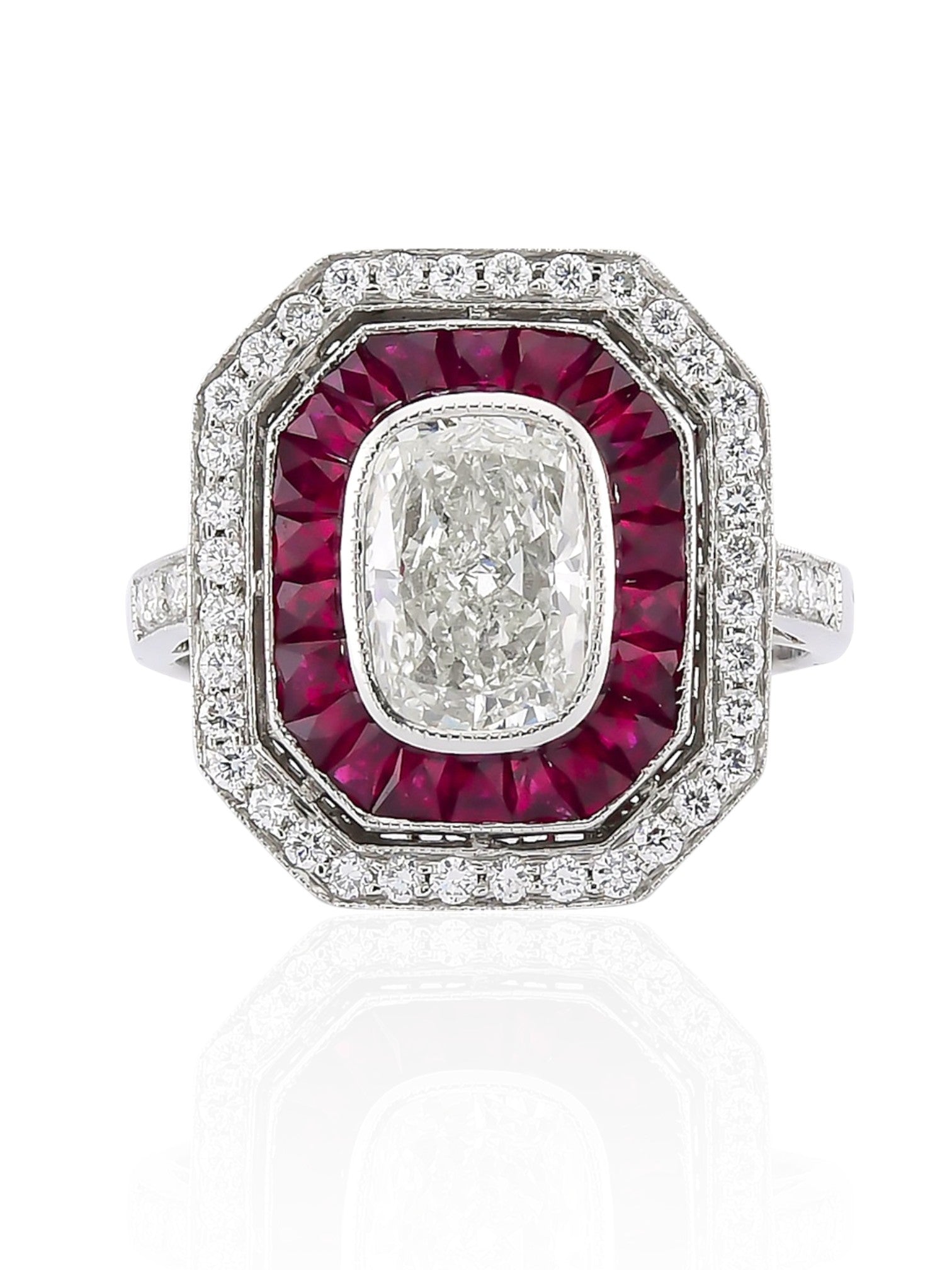 Sophia D Art Deco Ruby and Diamond Halo Ring in Platinum