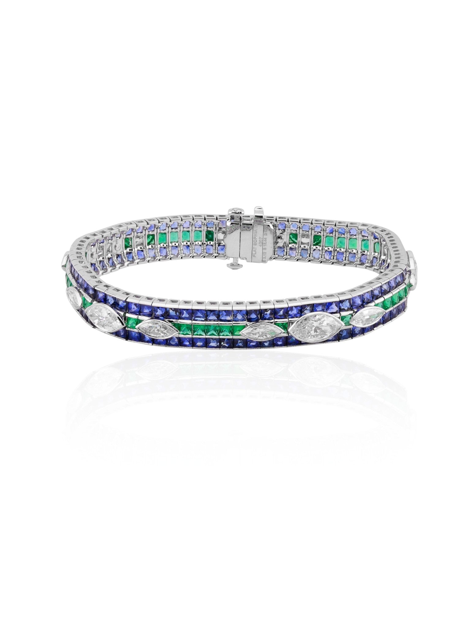 Sophia D One-of-a-Kind Art Deco Emerald, Sapphire, and Marquise Diamond Bracelet in Platinum