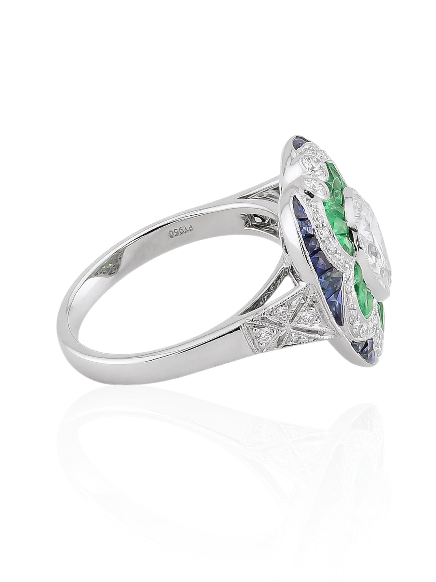 Sophia D Art Deco 1.13 Carat Pear Shape Diamond, Emerald, and Sapphire Ring in Platinum