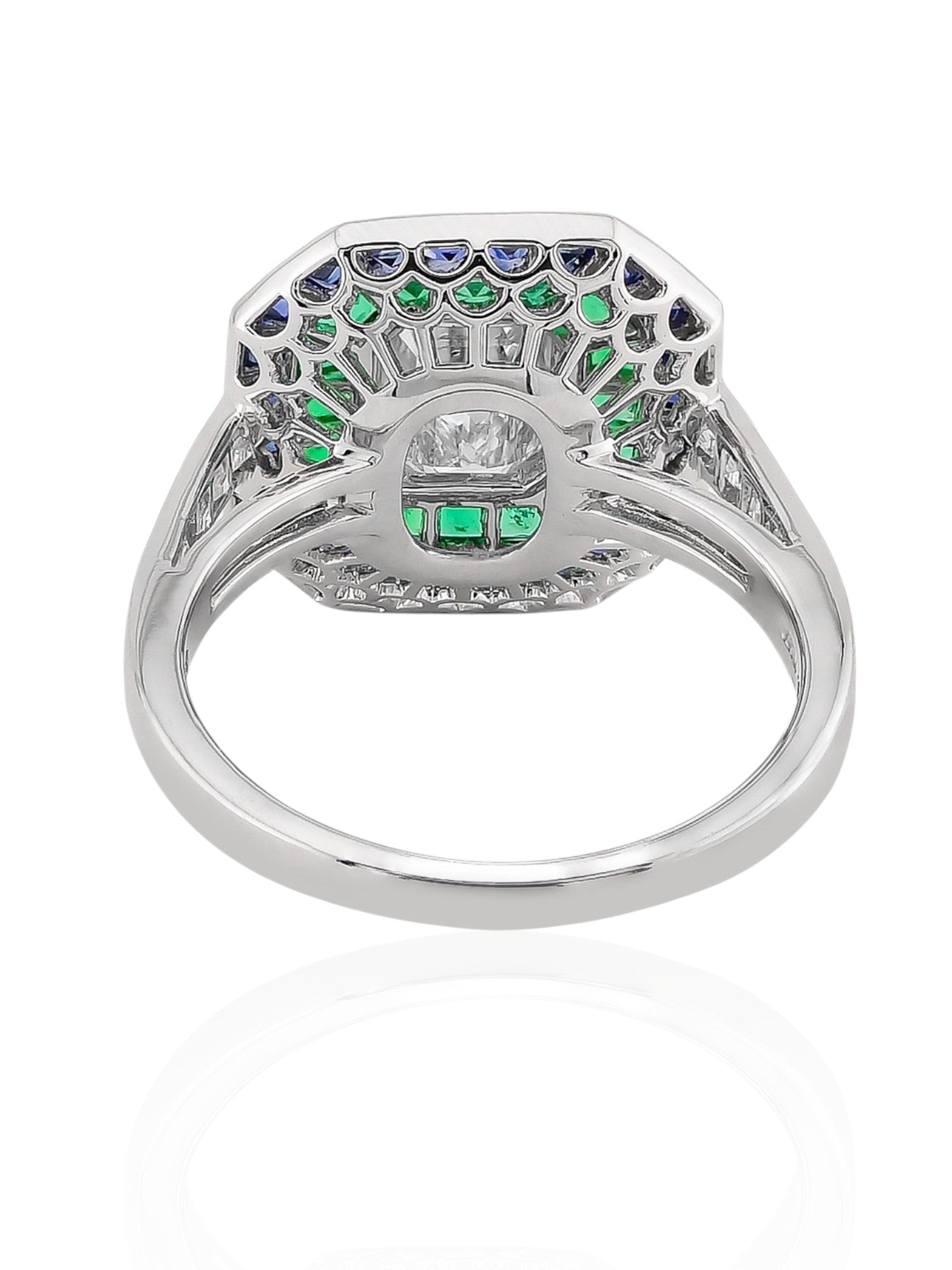 Sophia D Art Deco Mosaic Emerald Cut Diamond, Sapphire, and Emerald Ring in Platinum