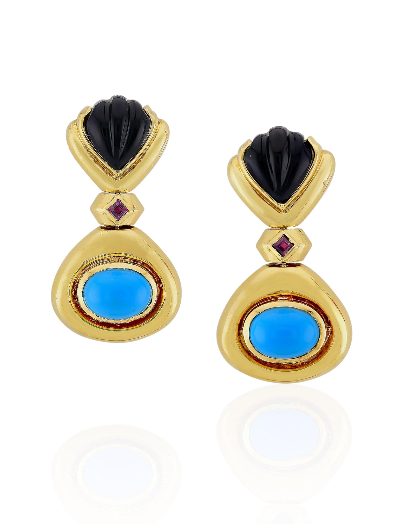 Sophia D Turquoise, Onyx, and Ruby Earrings in 18K Yellow Gold