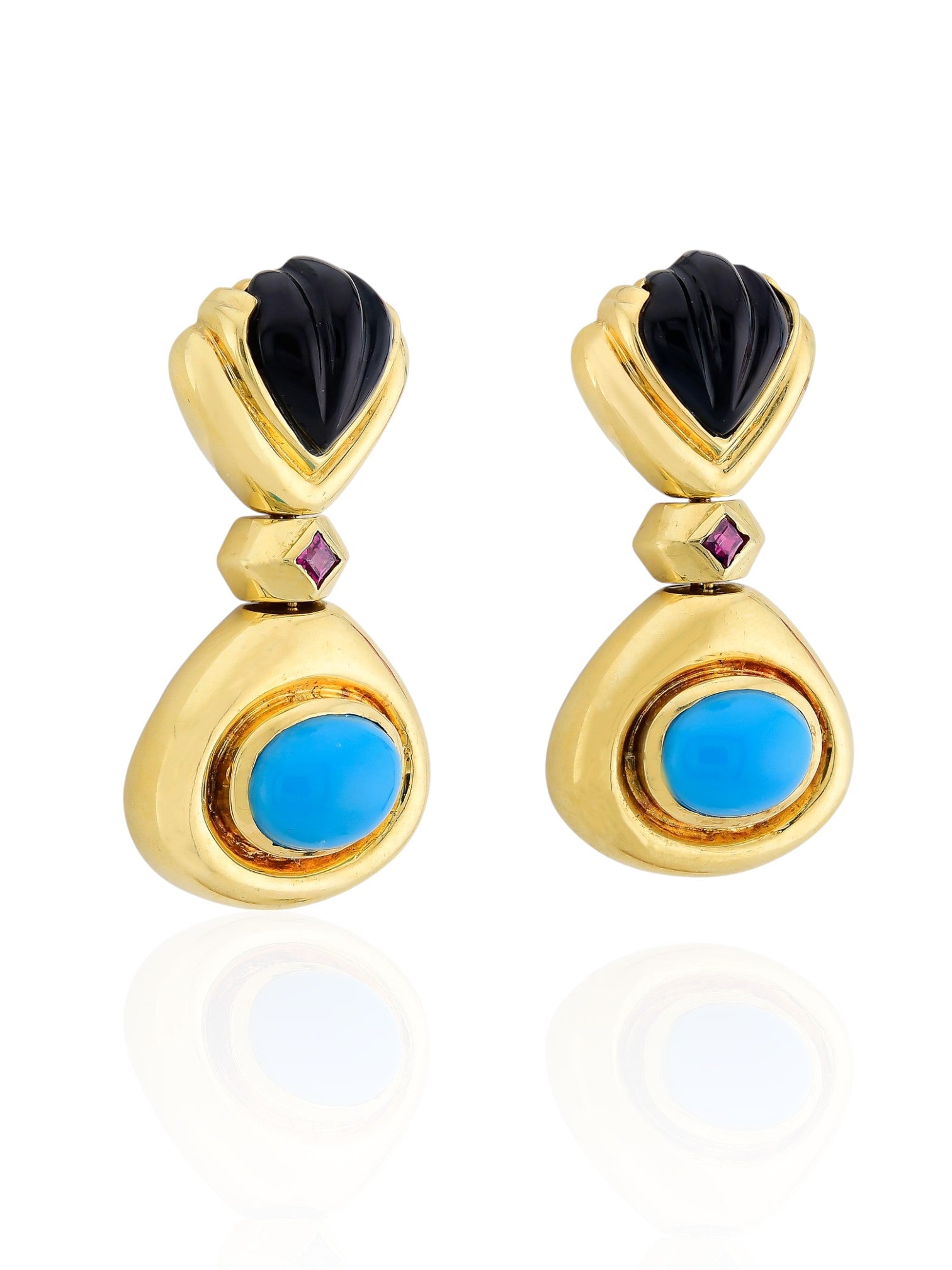 Sophia D Turquoise, Onyx, and Ruby Earrings in 18K Yellow Gold
