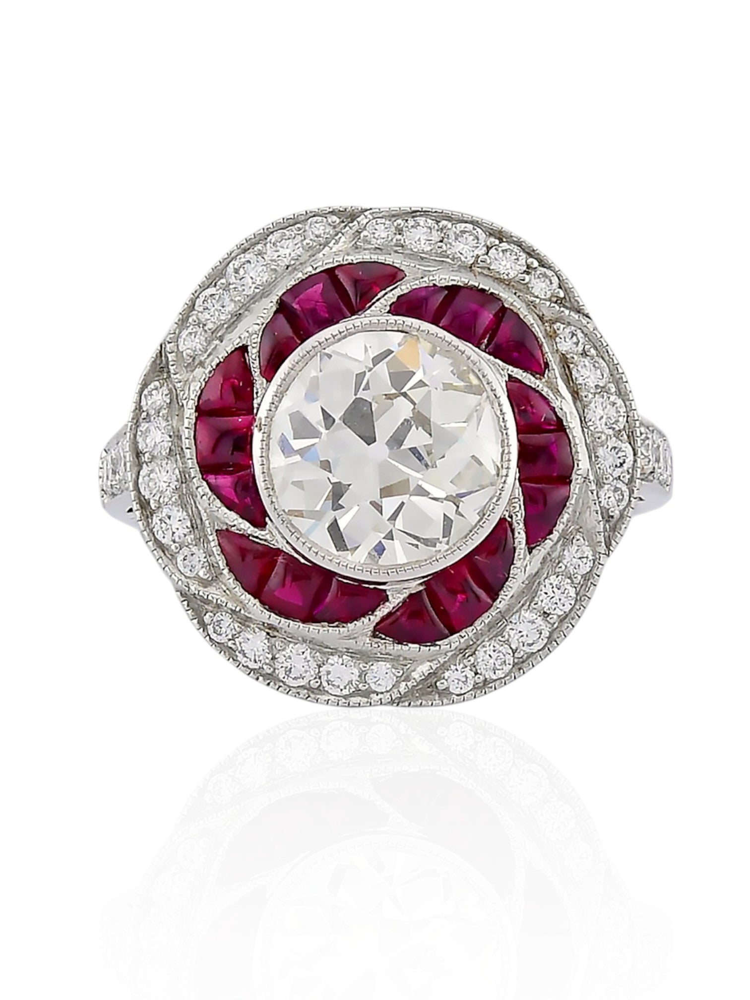 Sophia D Art Deco Swirl Ruby and Diamond Ring in Platinum