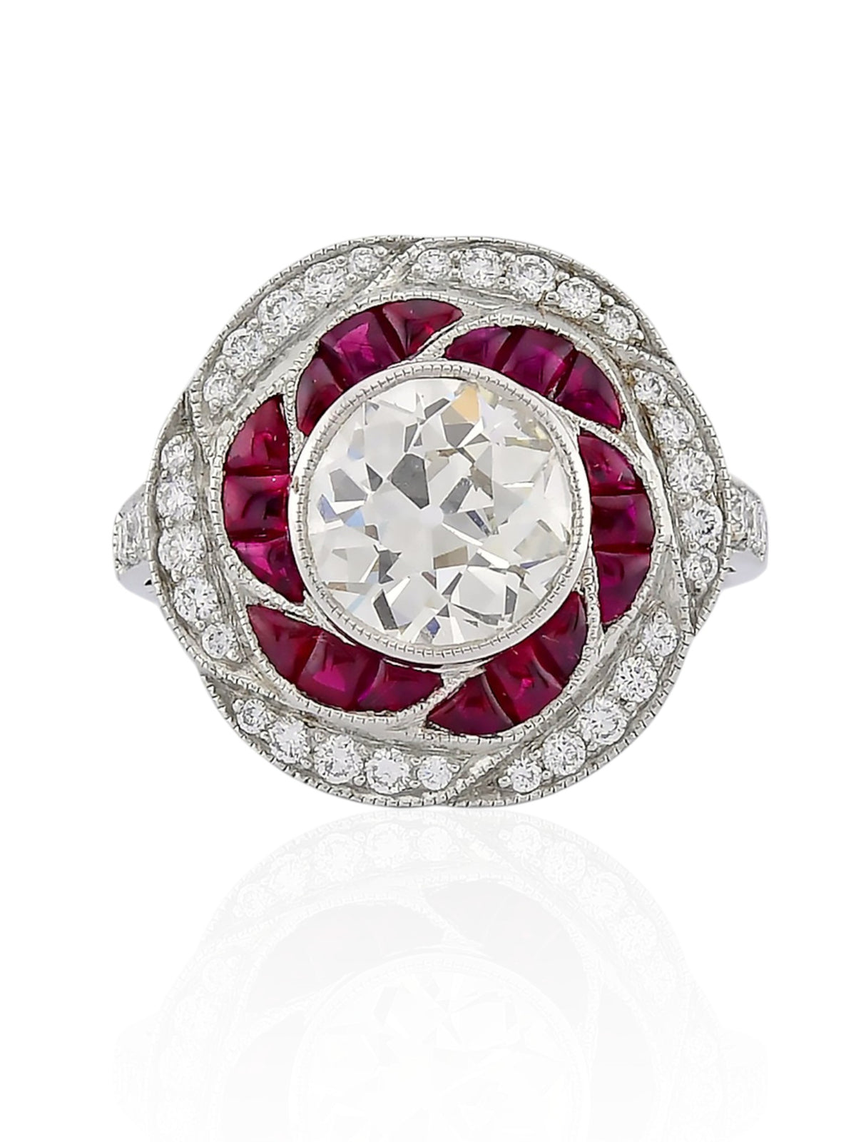 Sophia D Art Deco Swirl Ruby and Diamond Ring in Platinum