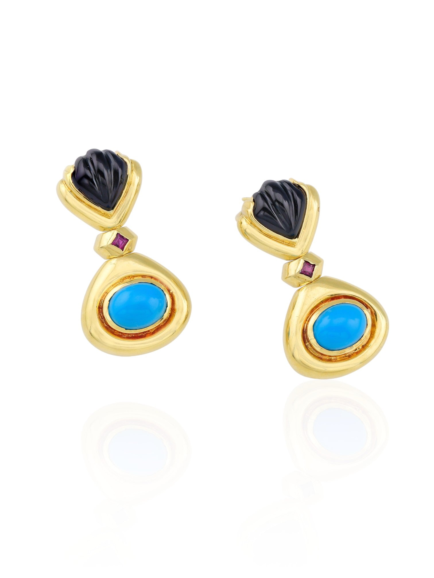 Sophia D Turquoise, Onyx, and Ruby Earrings in 18K Yellow Gold