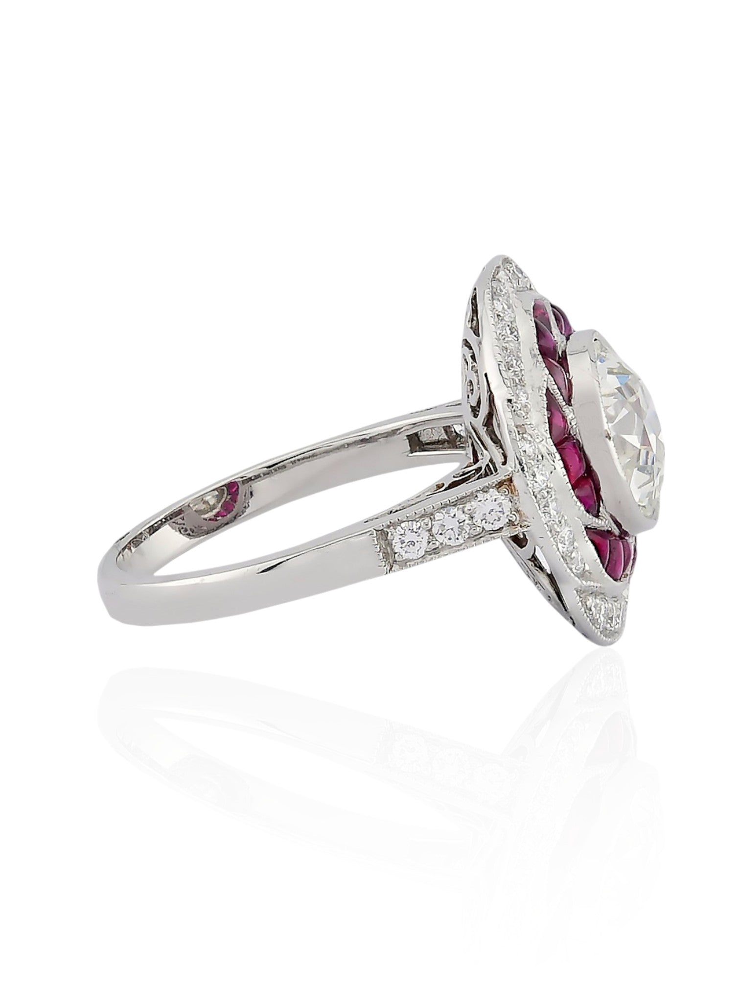 Sophia D Art Deco Swirl Ruby and Diamond Ring in Platinum